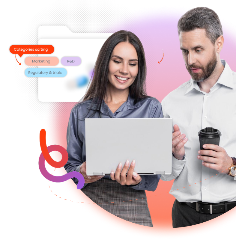 A woman and a man examine a laptop screen together, with colorful overlay scientific graphics, a speech bubble labeled 'categories sorting' containing options like Marketing, R&D, and Regulatory & Trials, in a modern scientific professional setting.