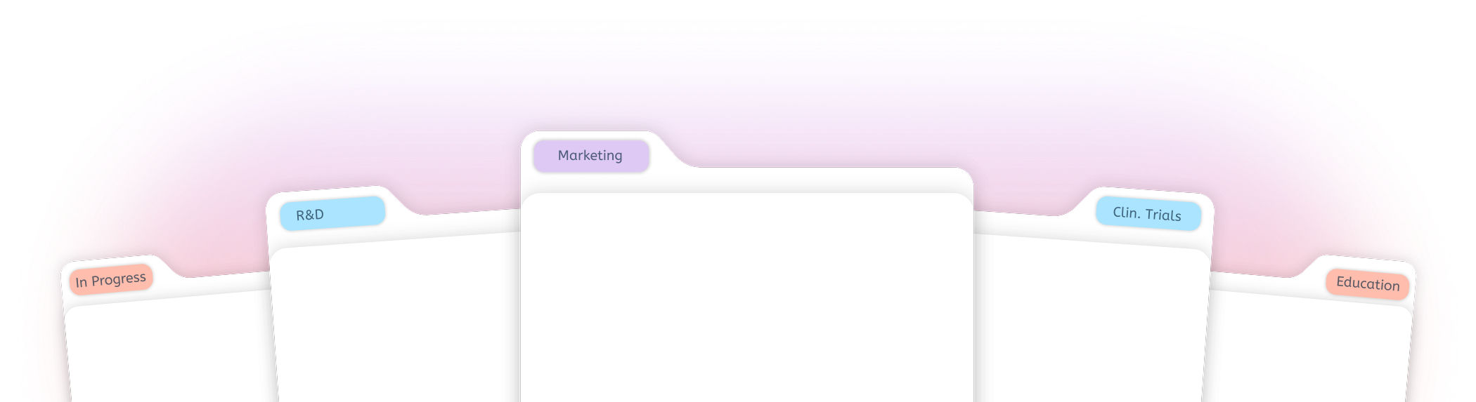 A colorful flowchart with sections labeled 'In Progress,' 'R&D,' 'Marketing,' 'Clin. Trials,' and 'Education' connected by curved lines. The background is pink with a black border.