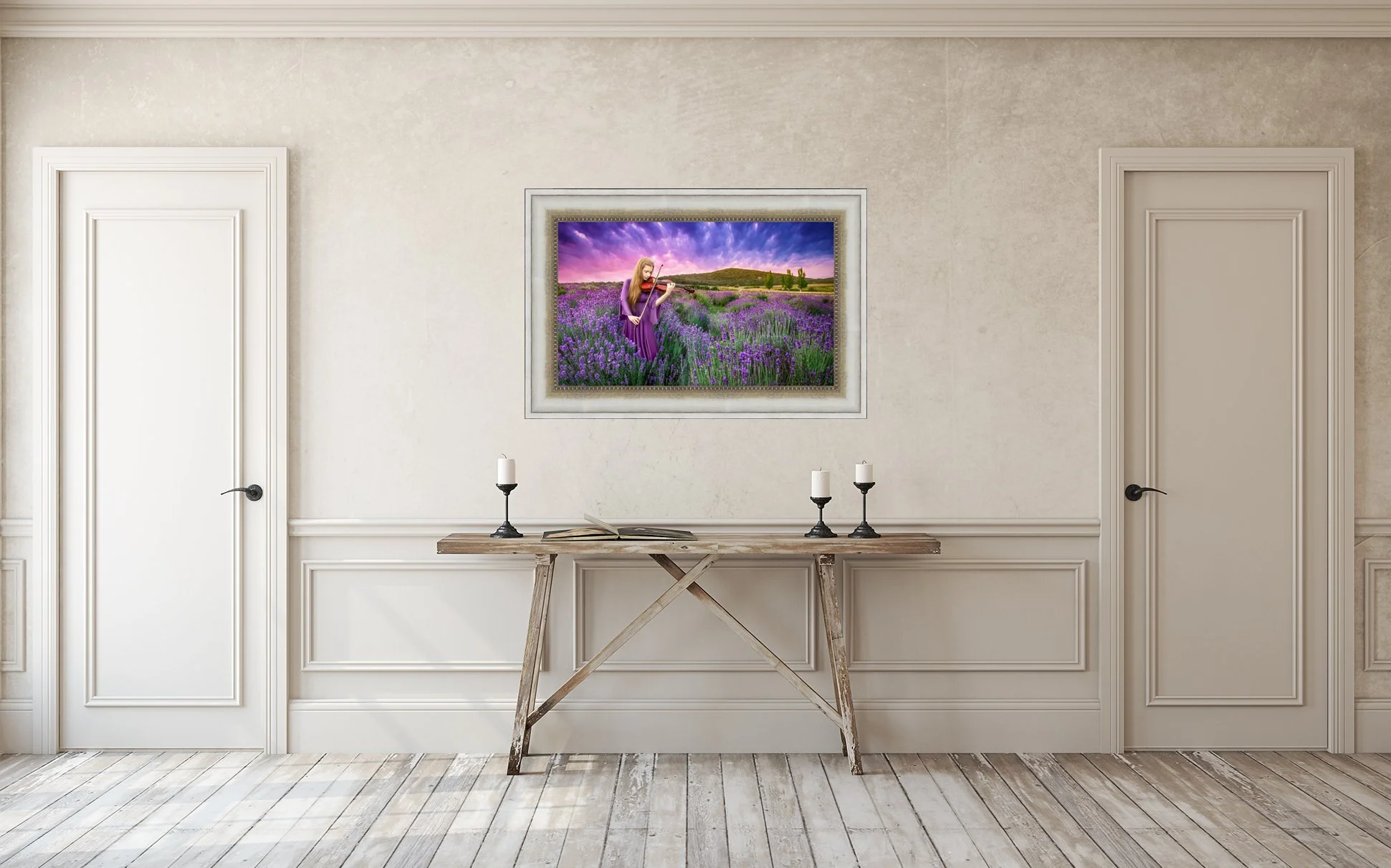 family wall art over fireplace in formal neutral room