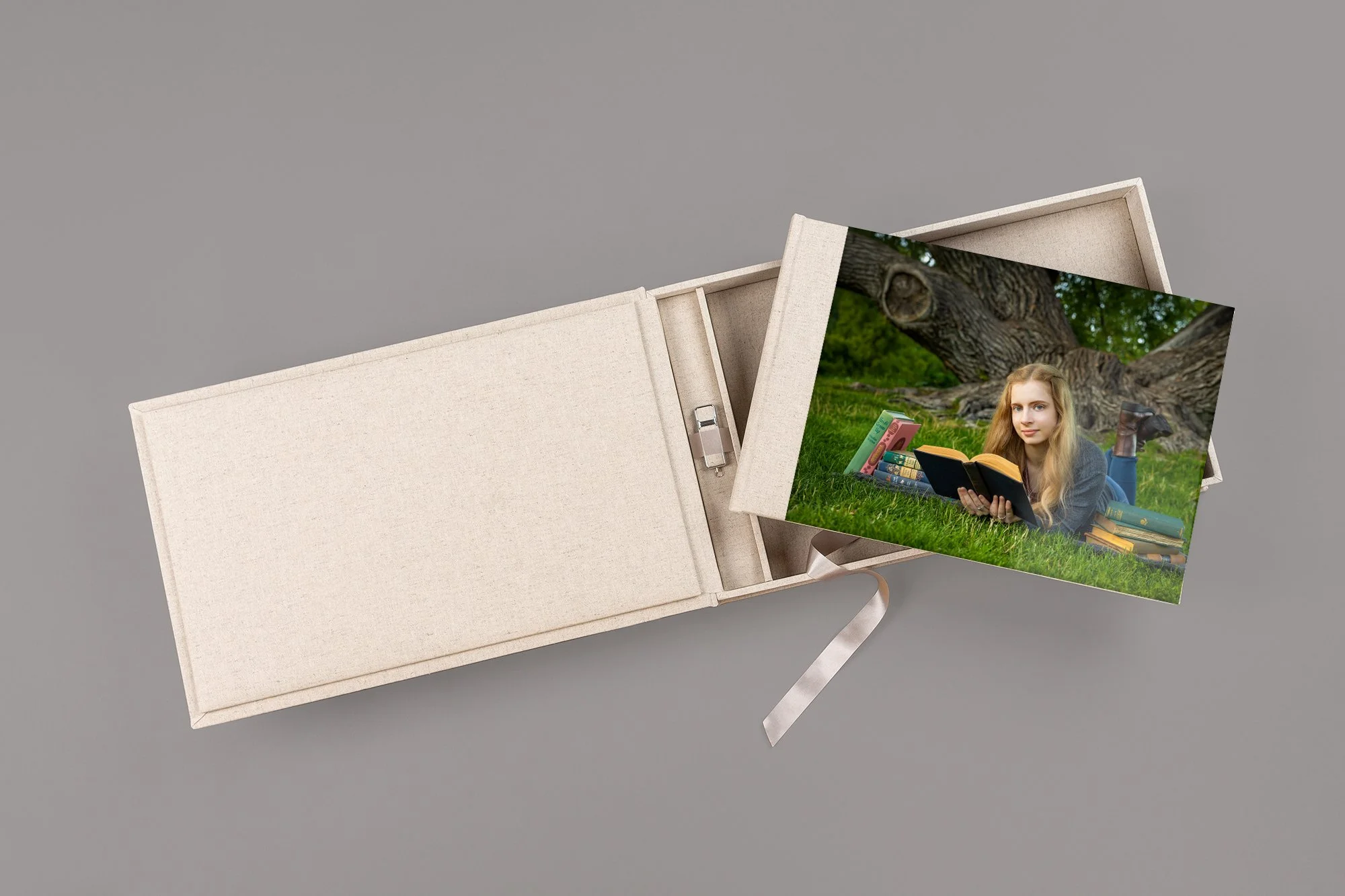 senior album in neutral colors