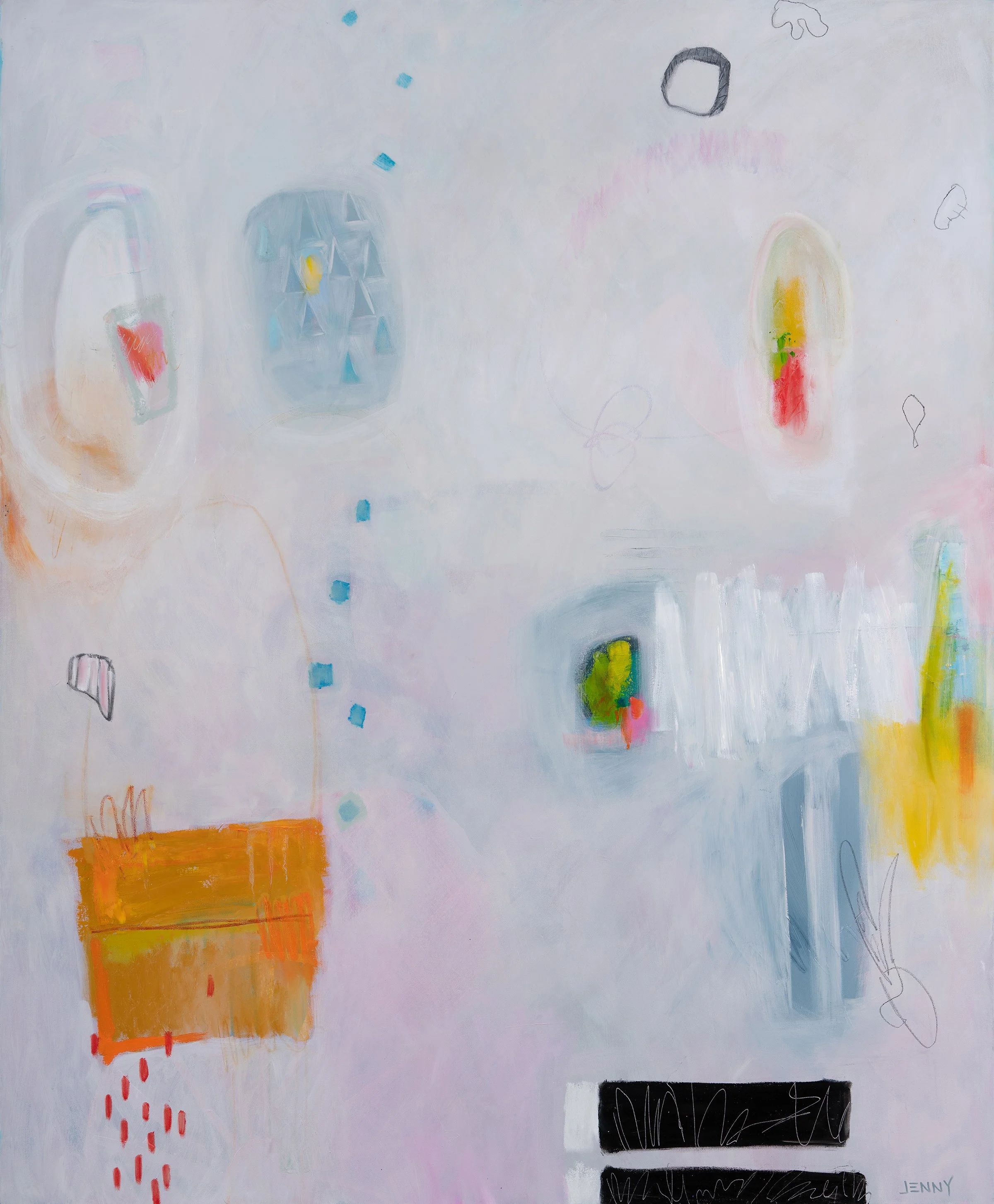 Abstract painting by contemporary artist Jenny Bullard featuring soft layered neutrals with expressive marks of blue, yellow, and warm orange