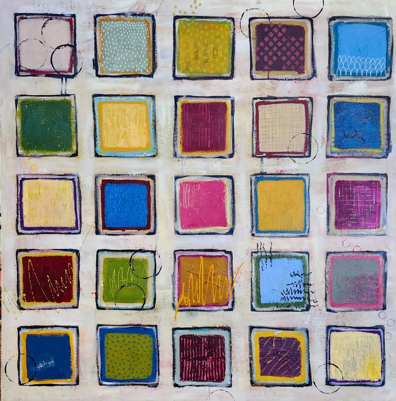 A colorful abstract painting with 25 squares arranged in five rows and five columns. Each square has unique color combinations and patterns, outlined with irregular black borders on a light background.