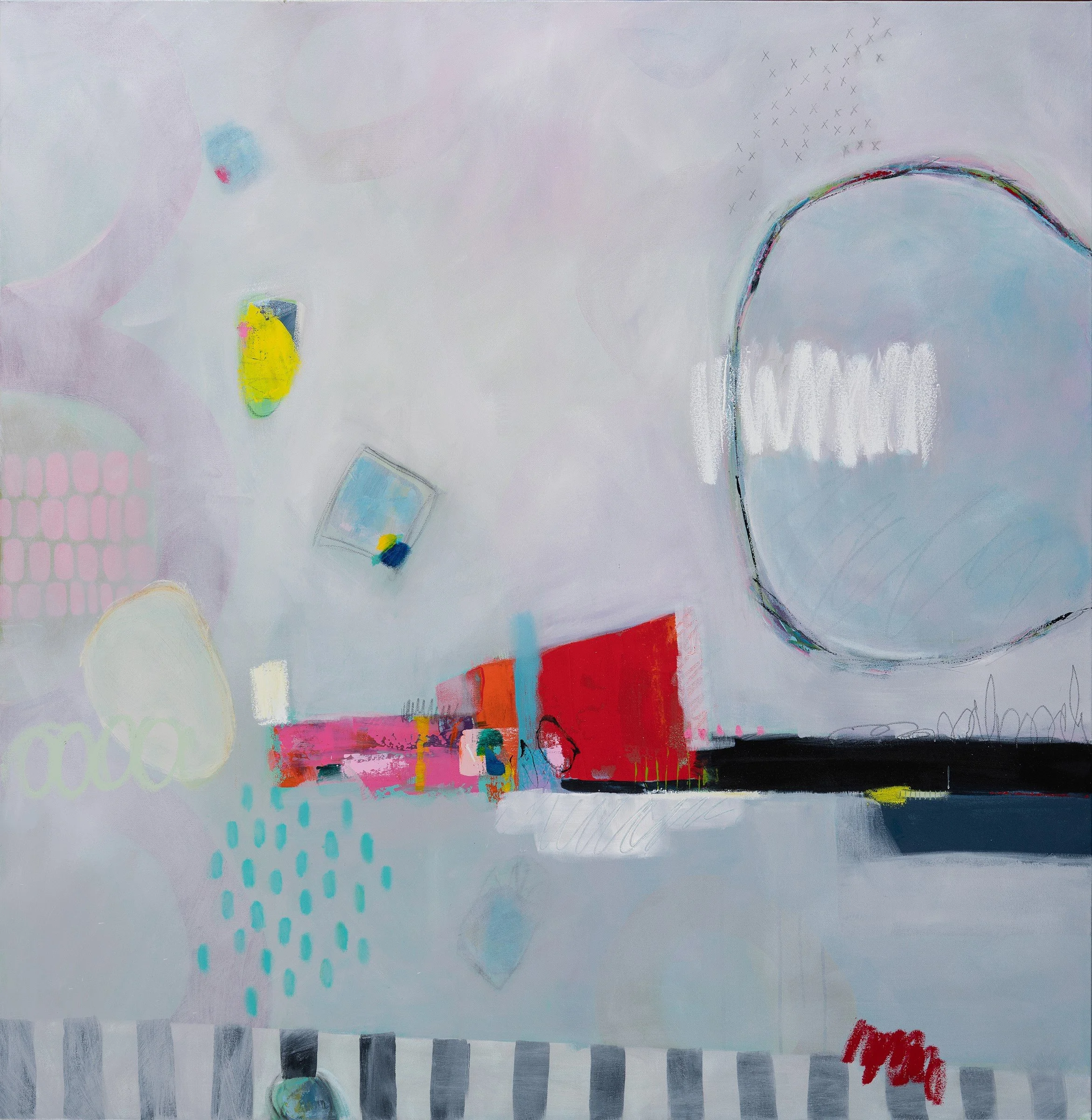 Contemporary abstract painting by Jenny Bullard with a pale gray background, layered color blocks, and gestural marks in red, yellow, and turquoise.