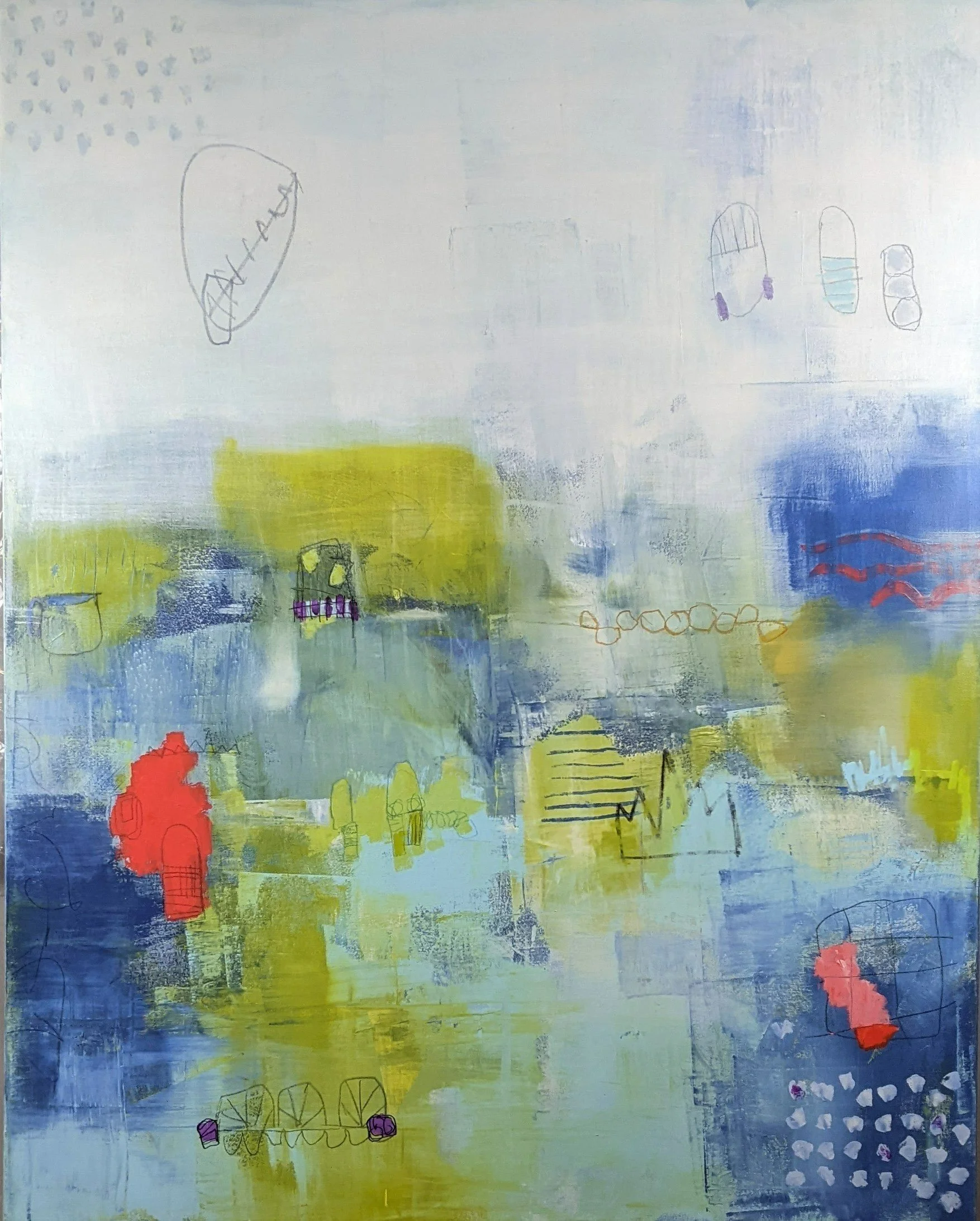 Abstract painting with blue, yellow, white, and red colors, featuring scattered doodles and sketches of various objects and figures.