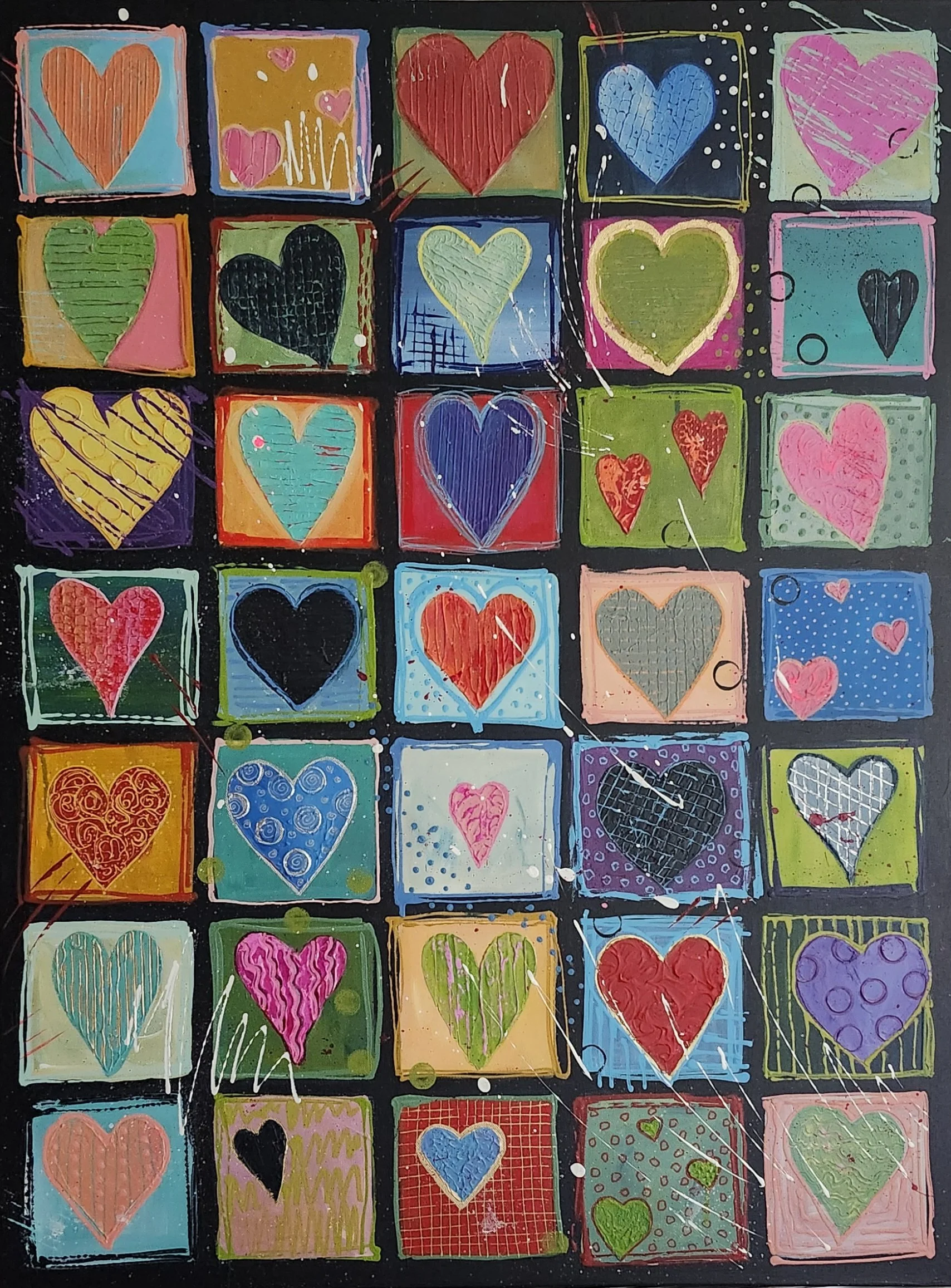 A colorful abstract painting featuring a grid of squares, each with a heart design in various colors and patterns.