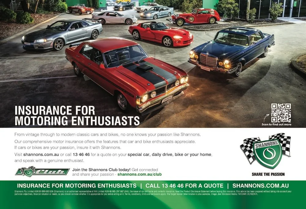 Photo of vintage and modern cars parked in a lot with trees and a building in the background, advertising for car insurance for motoring enthusiasts by Shannons.