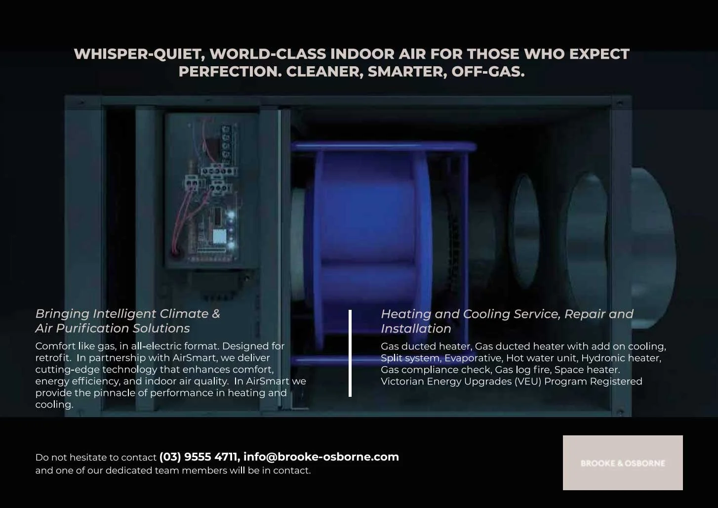 Advertisement for Brooke & Osborne air purification and HVAC services, featuring an image of an indoor air system with a dark background and white text describing their offerings in climate control and air quality. Includes contact information at the