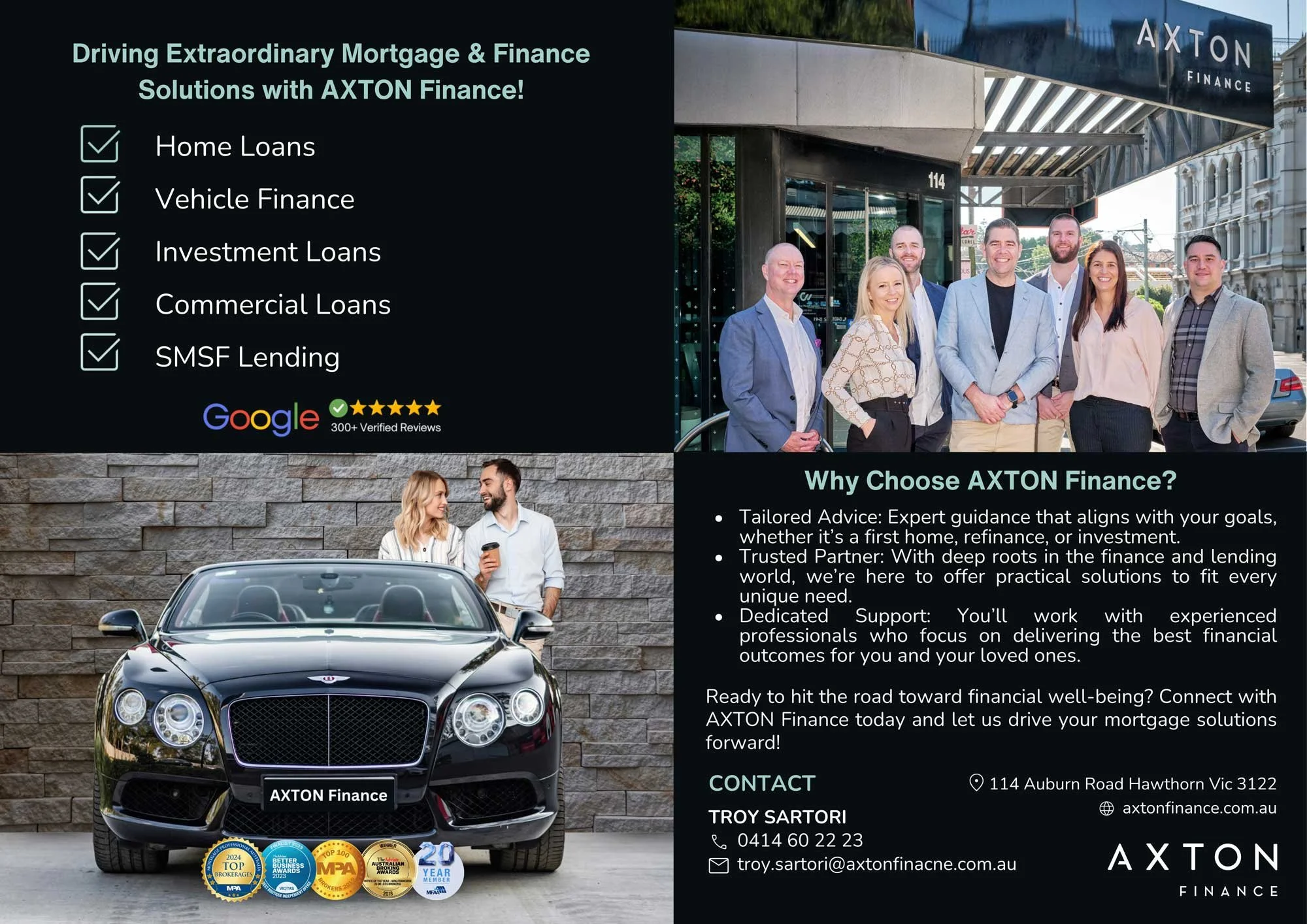Advertisement for AXTONT Finance showcasing their mortgage and loan services with an image of a group of professionals standing outside a building, a luxurious black car, and logos indicating awards and reviews.