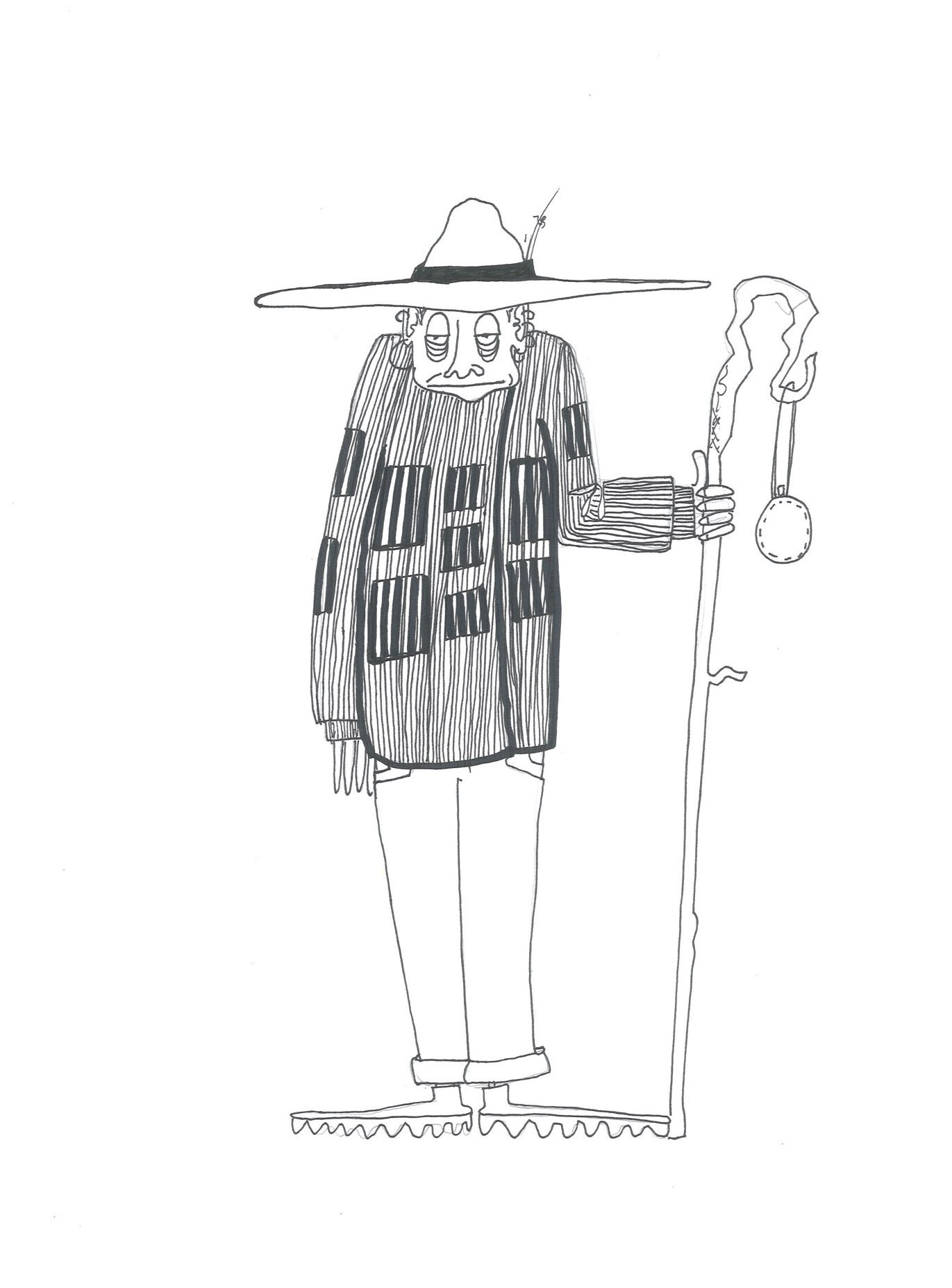 Shepard standing hunched over, holding a curved herding stick, wearing a sweater and long brimmed hat. Their ears have many piercings, their eyes have huge bags and an exhausted expression.