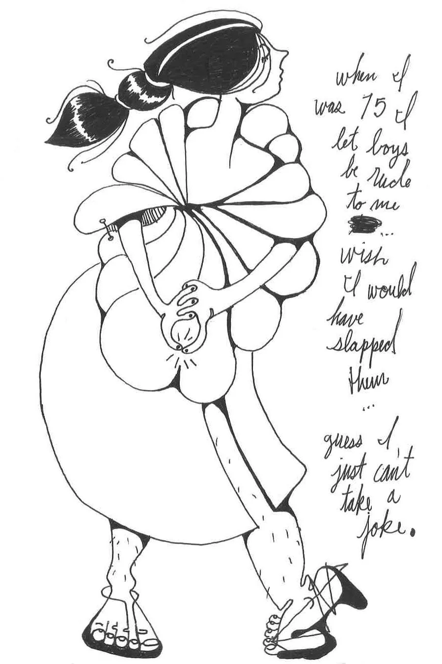Figure in flower like cocoon dress with poem that reads “When I was 15 I let boys be rude to me.. wish I would have slapped them.. guess I just can’t take a joke."