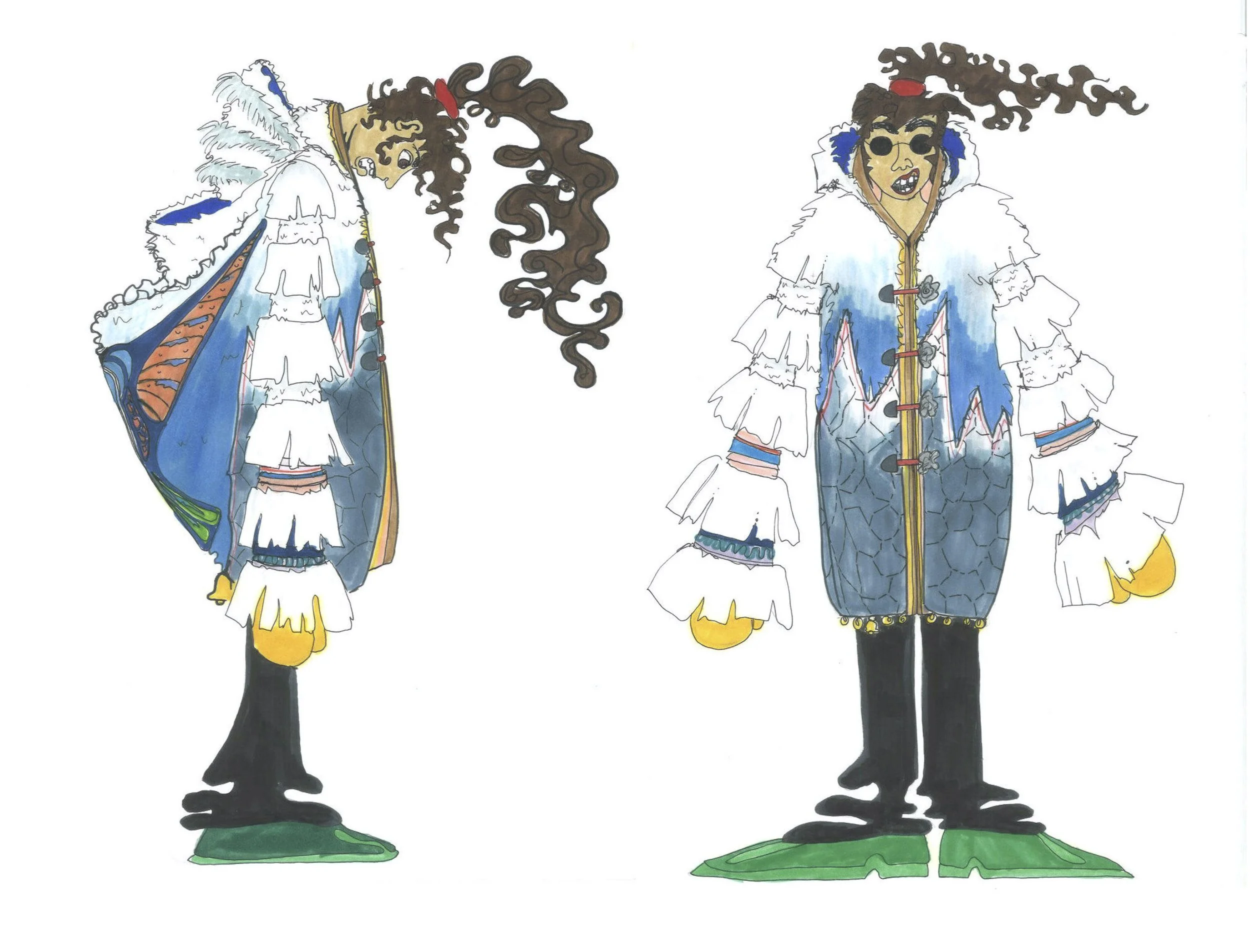 Side profile and front profile of a figure with brown curly seaweed-like hair. White ruffles line down the arms. Their hood extends down like a sleeping bag.