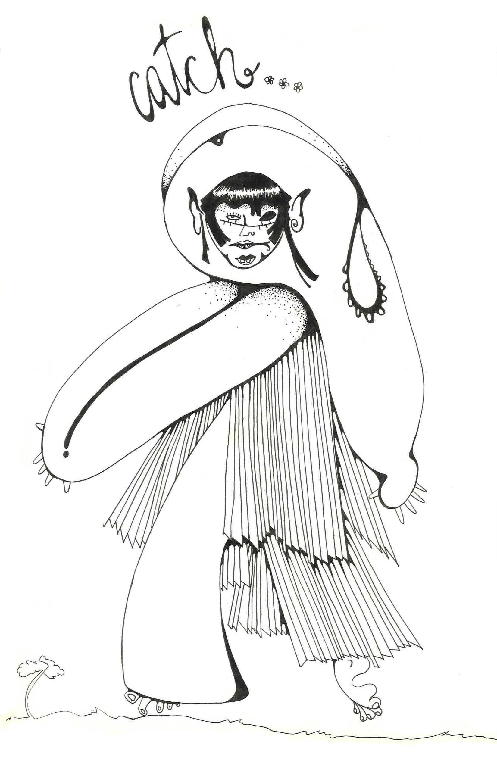 Black lineart of a figure with elf ears in a cocoon garment, their sleeve looks like a tongue. Above them reads the word “catch”