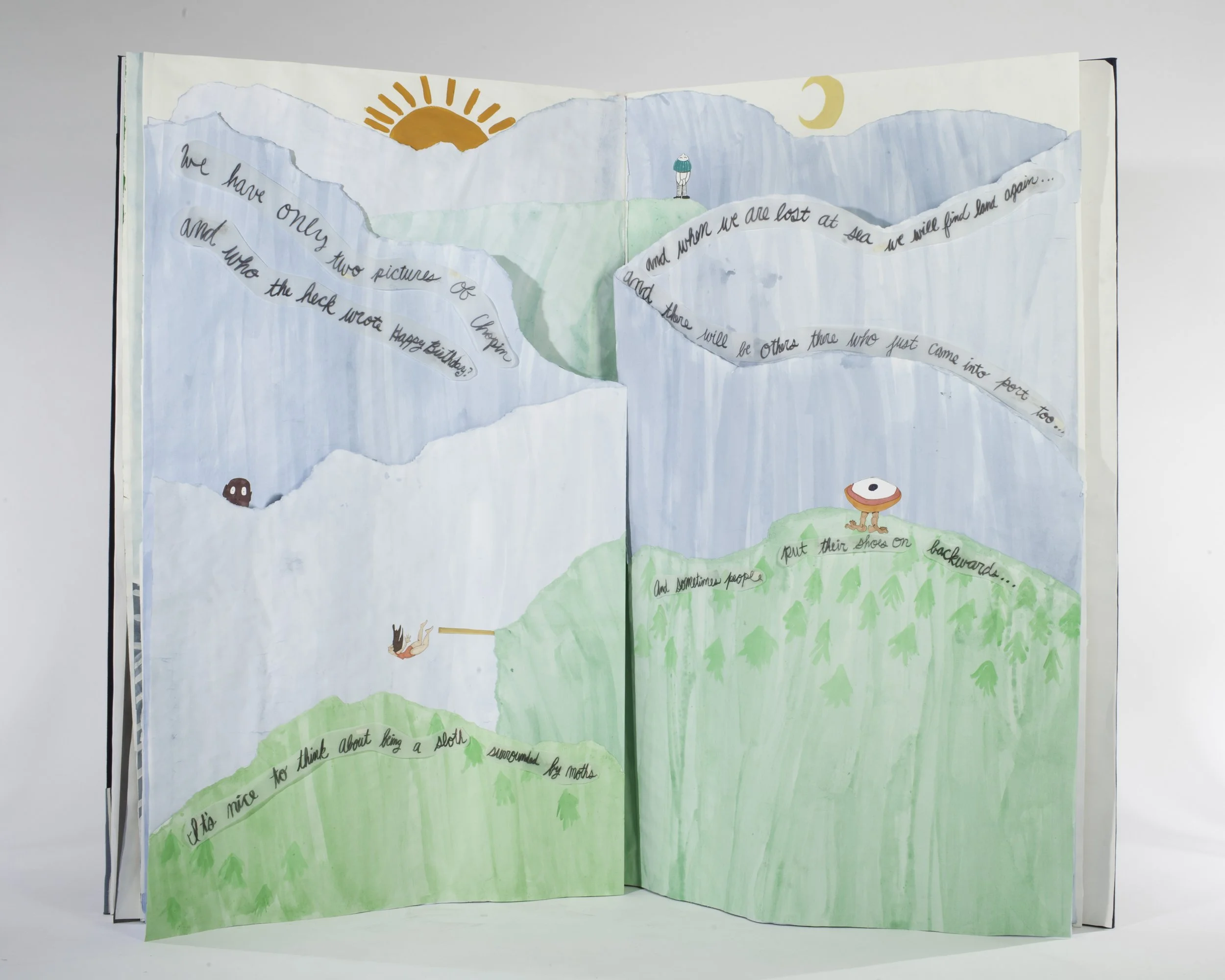 collage of mysterious rolling hills with poetry following their silhouttes