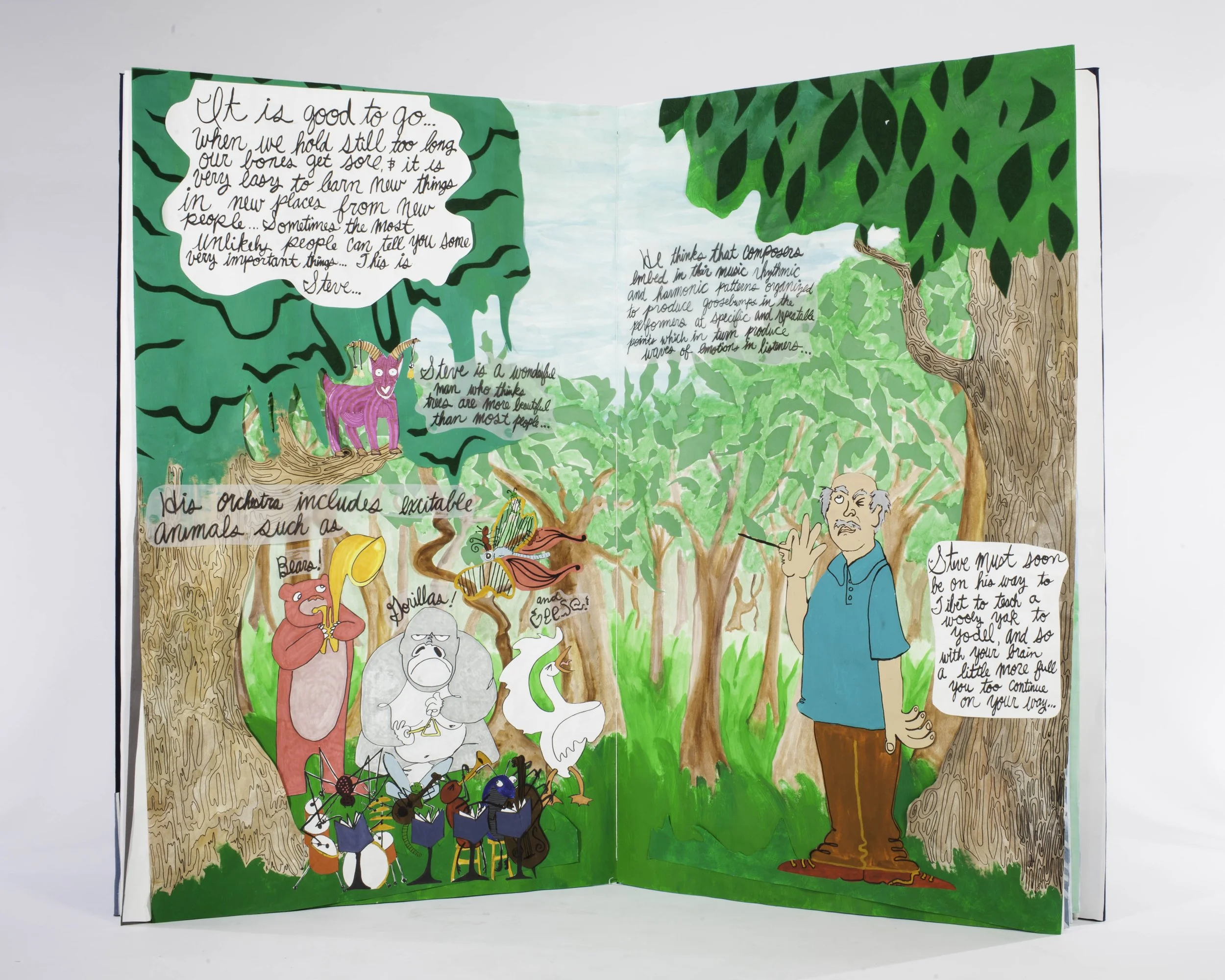 collages and drawing of a old white masc person conducting cartoon animals in the forest