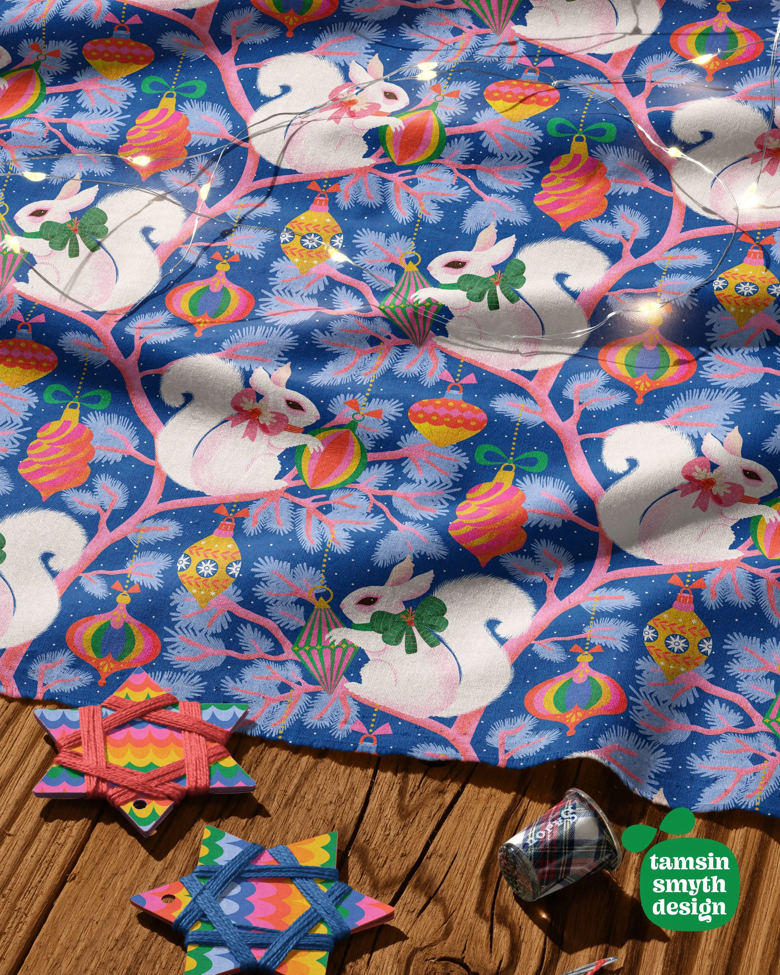 My entry in the Spoonflower design challenge Merry Maximalist Christmas Baubles and Squirrels in a Fur Tree 🌲 quite the mouthful! If you go in to vote, keep a lookout for these little guys 🐿️ mockup thanks to @creatsyofficial #spoonflowerchallenge 