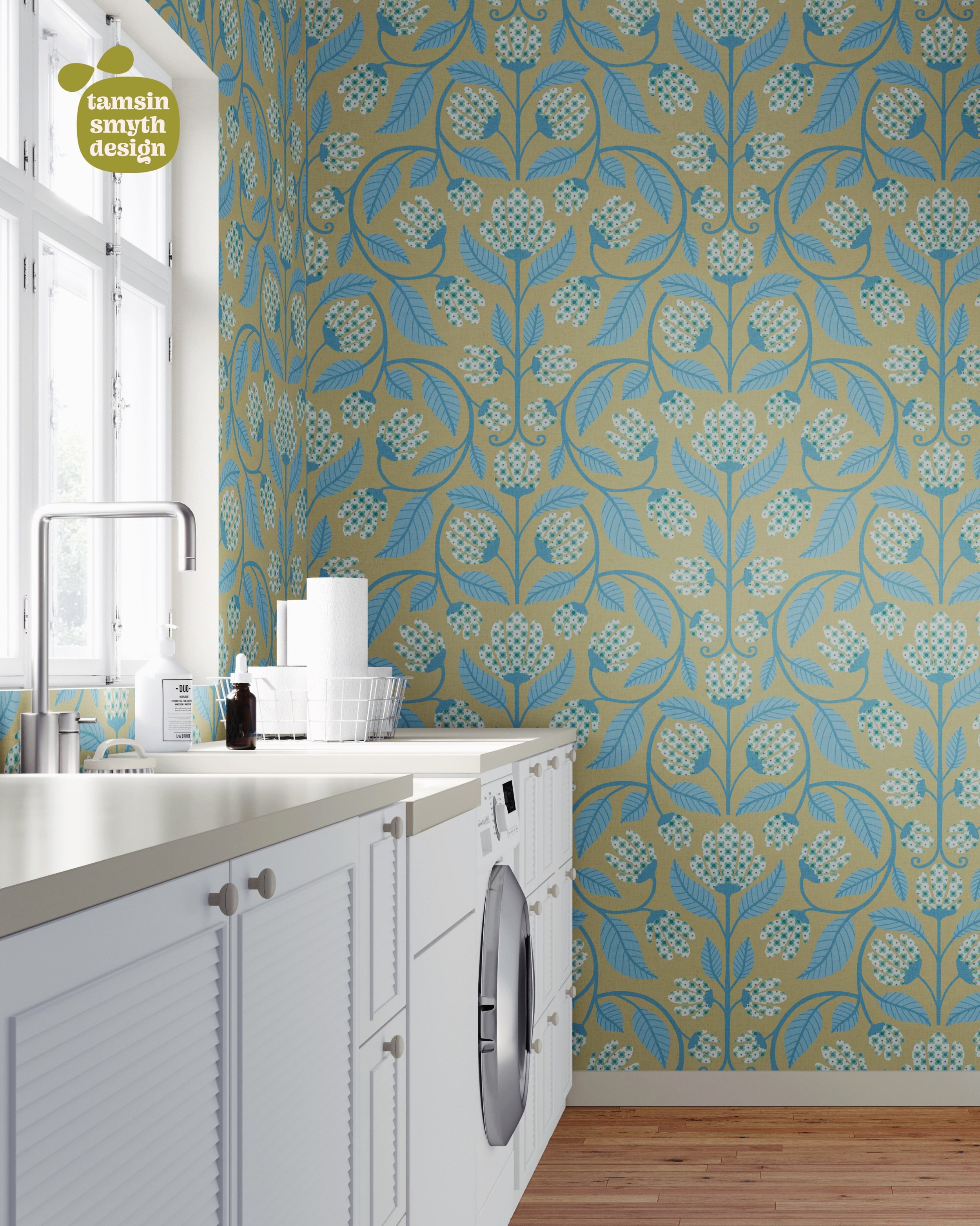 Pattern of the day, Nouveau Whimsy Blue. In a laundry would be nice. Thanks @creatsyofficial for this beautiful mockup. #surfacepattern #artlicensing #patternandprint #laundryroommakeover #cottagecorestyle