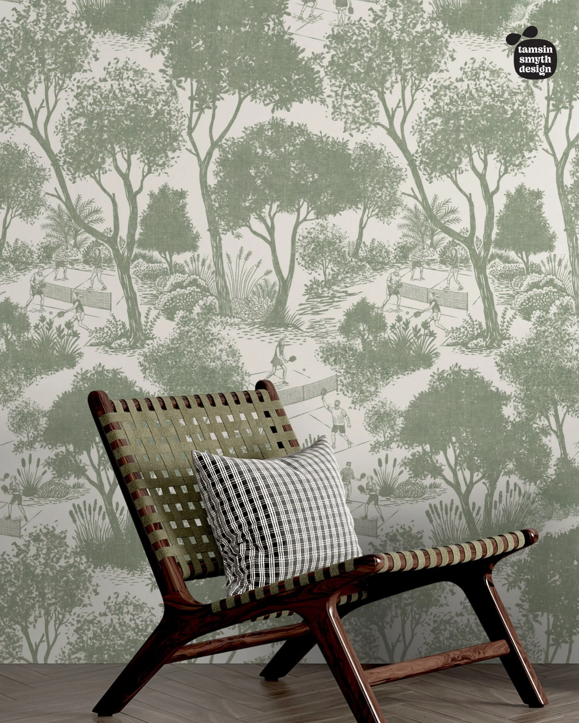 Modern Hand Drawn Toile de Pickleball in the Park. Wallpaper and fabric decor. Comes in 3 colourways and 2 sizes in my Spoonflower store. Where would you use this baby? Games room? Study? Hallway? Chunky lounge chair? 🤔 #pickleball #sportswallpaper 