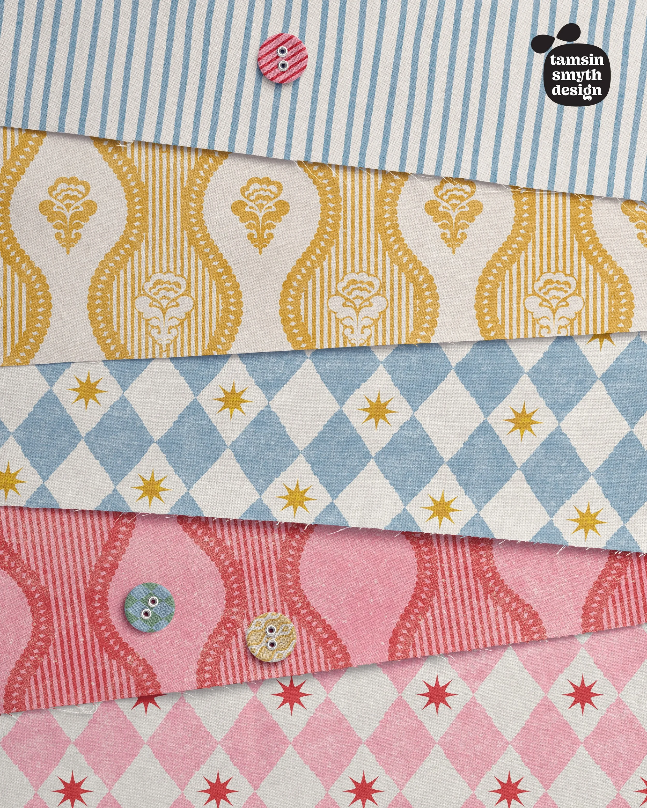 Folksy Boho Block Print Cottage collection is a mini collection of artisan hand stamp folk art inspired by carnival circus nostalgia from a bygone era. Available as wallpaper and fabric via the linkie 🖕🎪🤡🎡 #wallpaper #vintagehome #vintagehomedeco