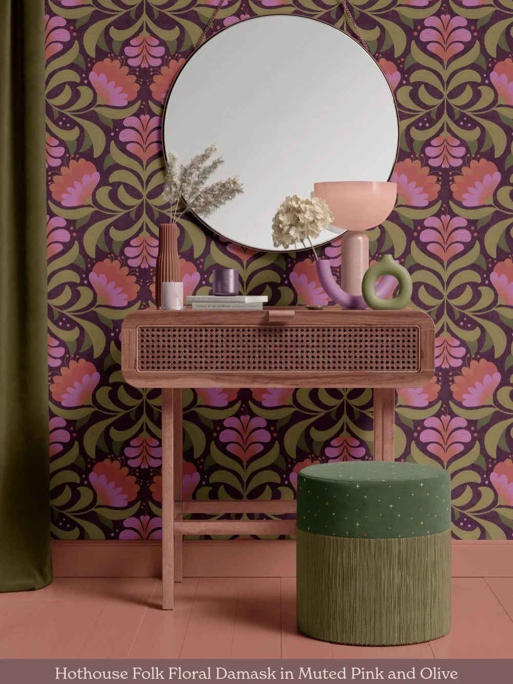 Muted drama. Is there such a thing? Kind of! I love these muted tones of the Hothouse Folk Floral Damask. And that you can remove the peel and stick wallpaper no dramas! #peelandstickwallpaper #renterfriendlydecor #folkfloral #floralwallpaper #bedroo