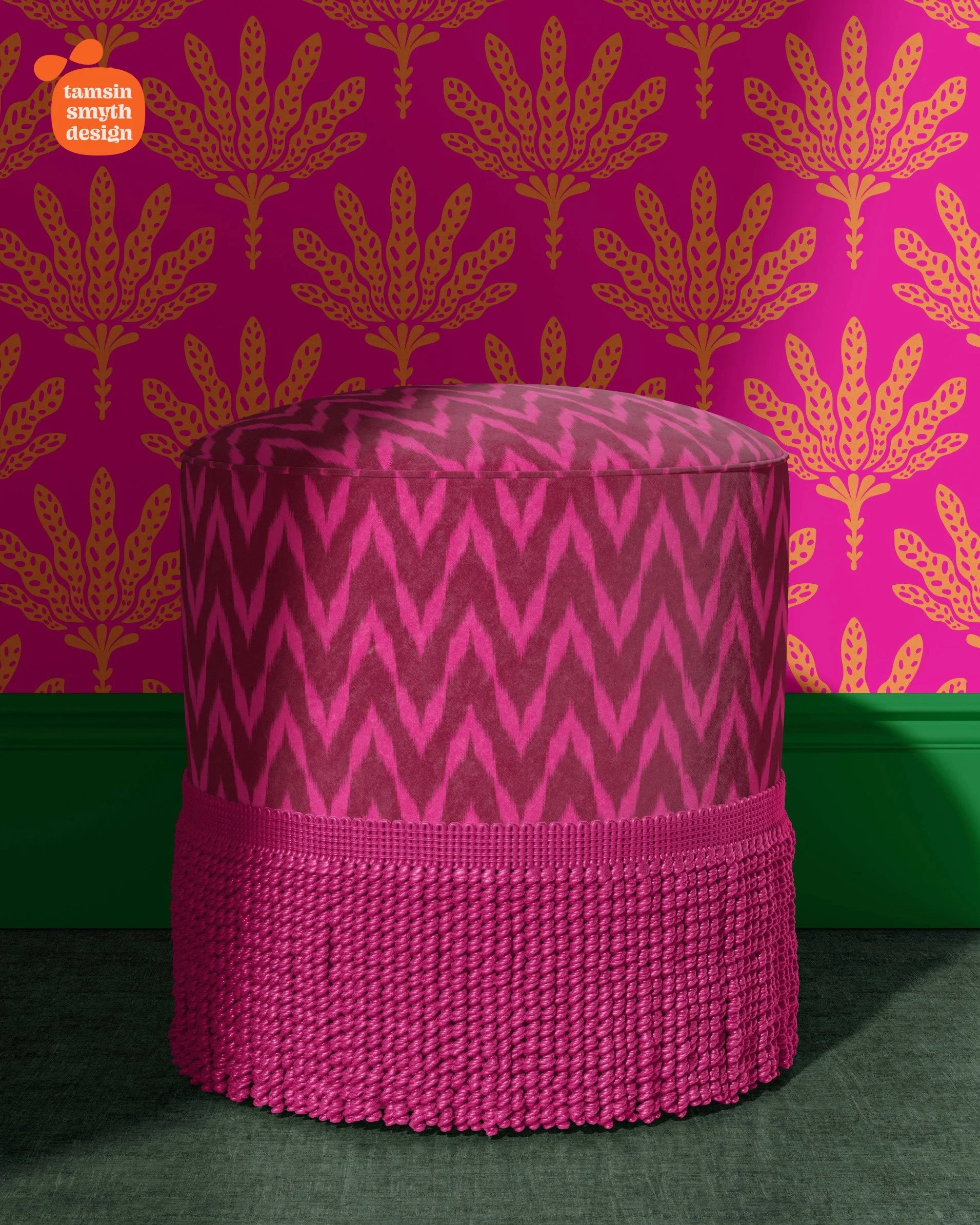 A bold maximalist cerise upholstered footstool and wallpaper