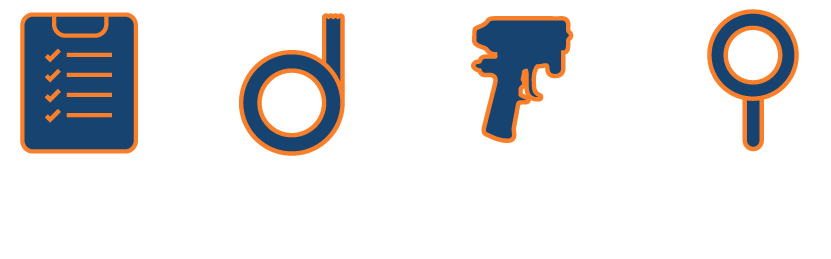 Illustration of four steps: consult, prep, spray, inspect, represented by icons for checklist, spray can, spray gun, and magnifying glass.