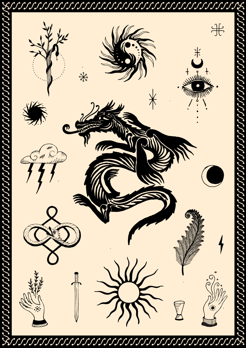 Black and white illustration of a prehistoric animal resembling a small dinosaur or mammal with stripes, surrounded by plants and abstract symbols on a beige background.