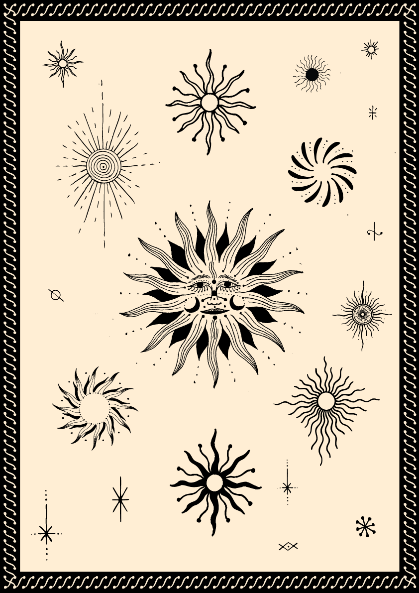 Line drawing of a star with a spiral at the center, radiating lines outward on a light beige background.