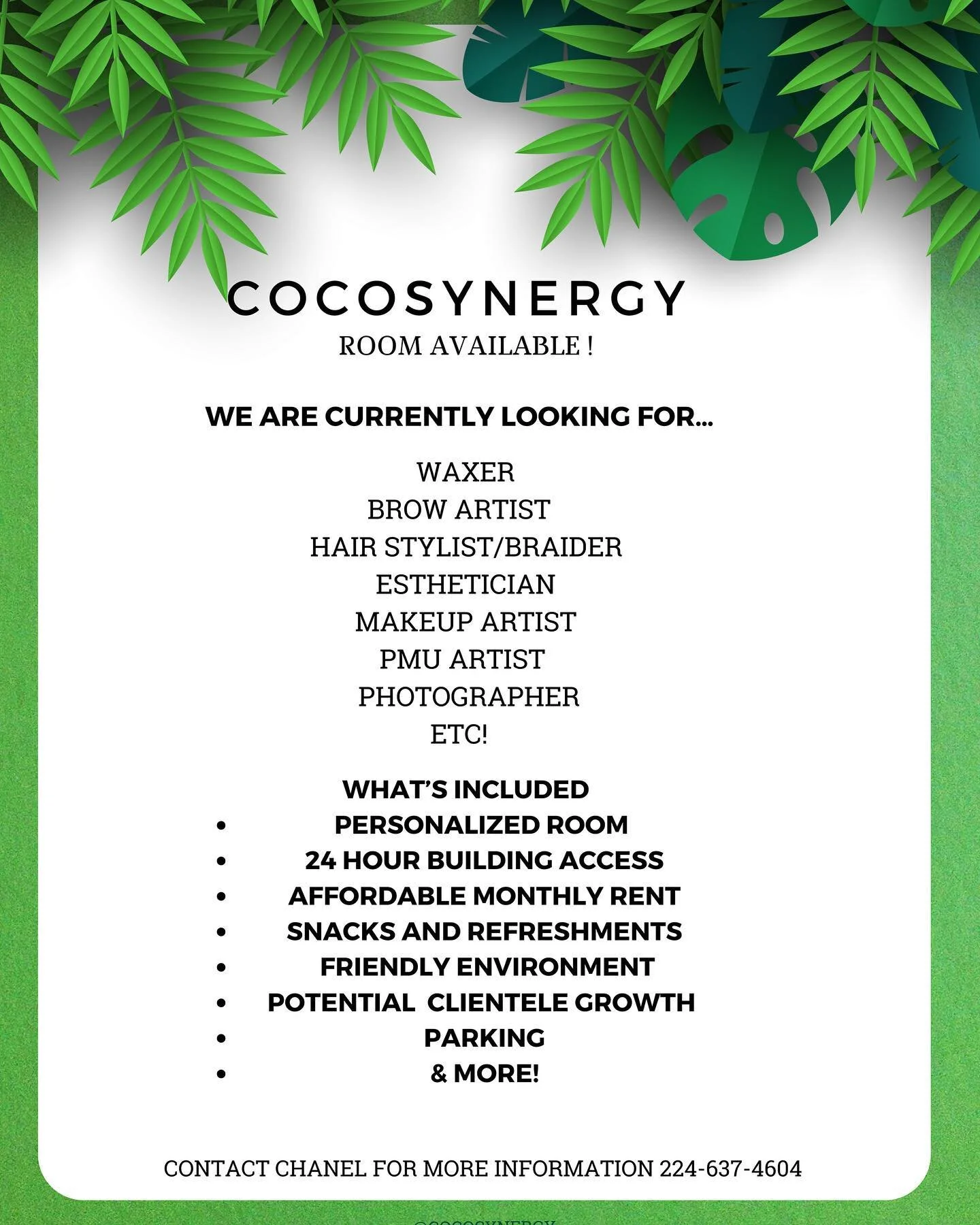I’m welcoming a new member to our team at COCOSYNERGY! 💜
I currently have a personal room available located in Gurnee with affordable monthly rent! If you have a talent and need a personal space with potential to gain more clientele, please r