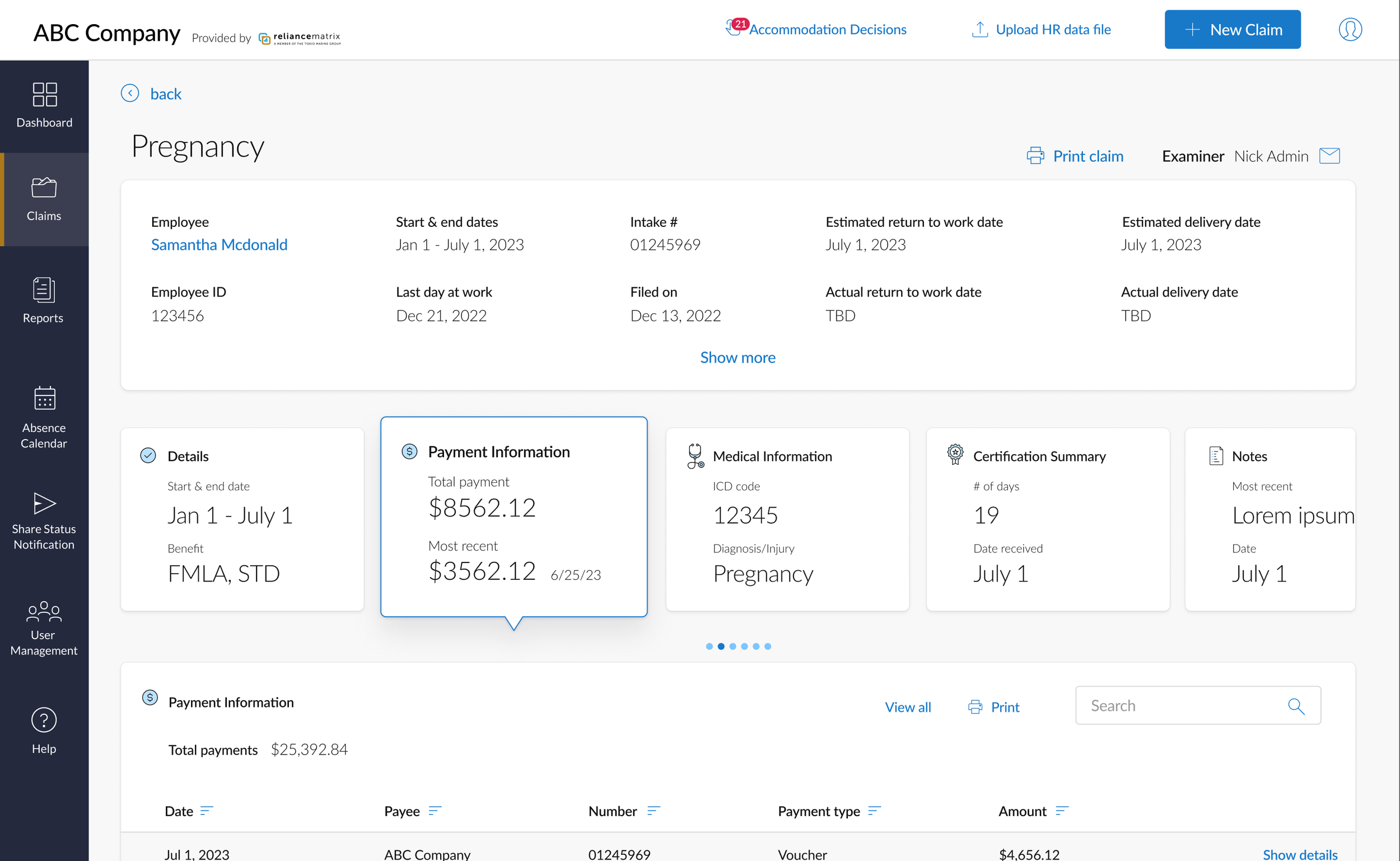 Reliance Matrix Claims