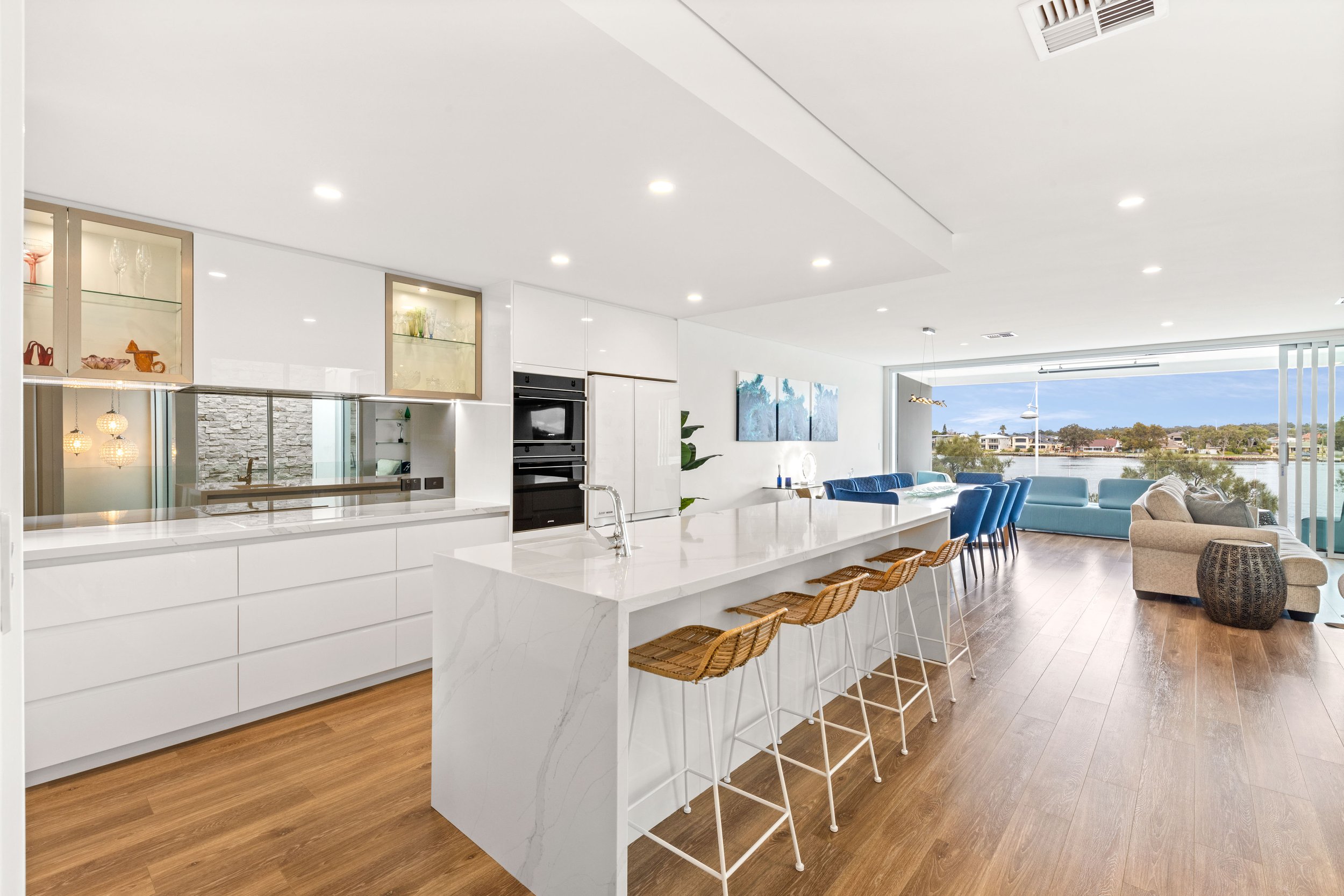 open plan kitchen with ocean views