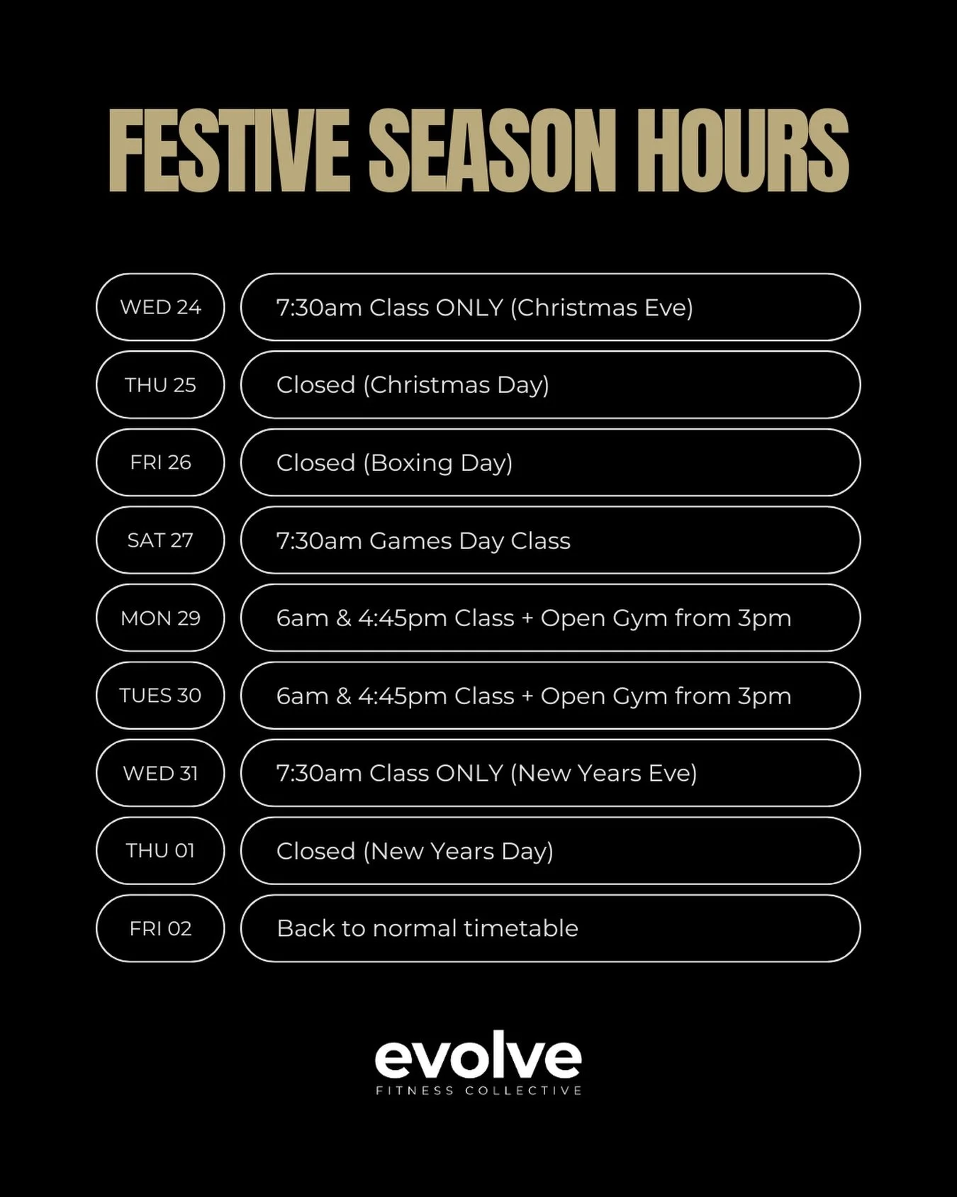 🎄 Festive Season Timetable 🎄
Plan your holiday training with us! 💪✨

The holidays are here, and while things slow down, we&rsquo;re still keeping the Best Hour of Your Day rolling. Check out our adjusted schedule below so you can stay moving, stay