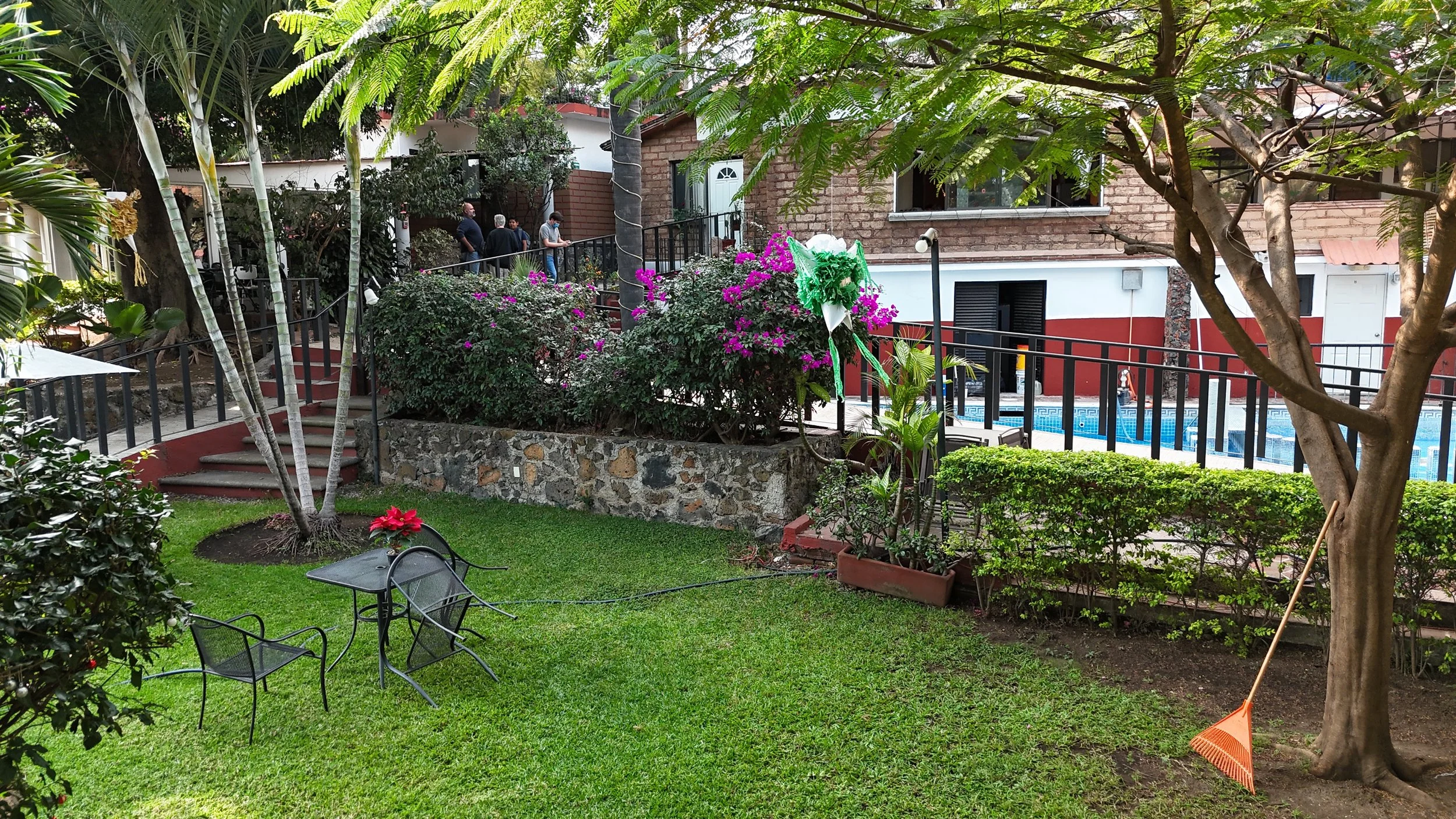 Jardín con césped, flores, árboles y mobiliario exterior, en un ambiente de zona residencial con piscina, y una velación de colores en el centro