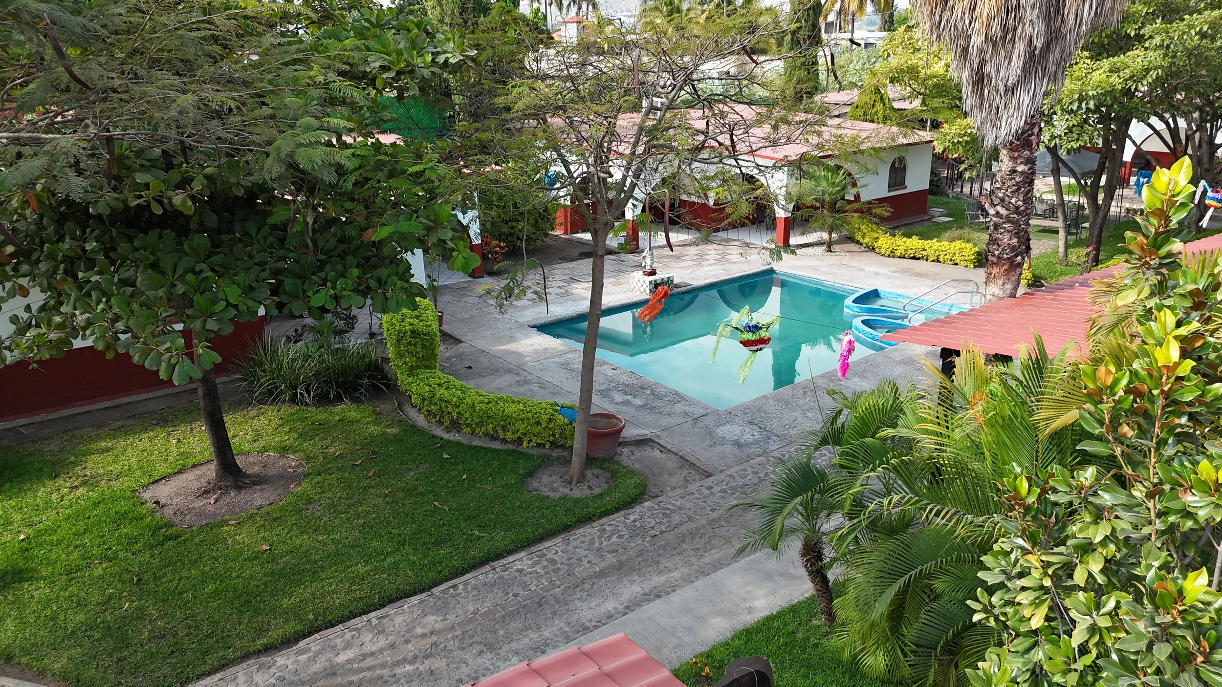 Vista de una piscina en un patio rodeado de árboles y plantas verdes, con caminos de piedra y algunos edificios con techos rojos en el fondo.