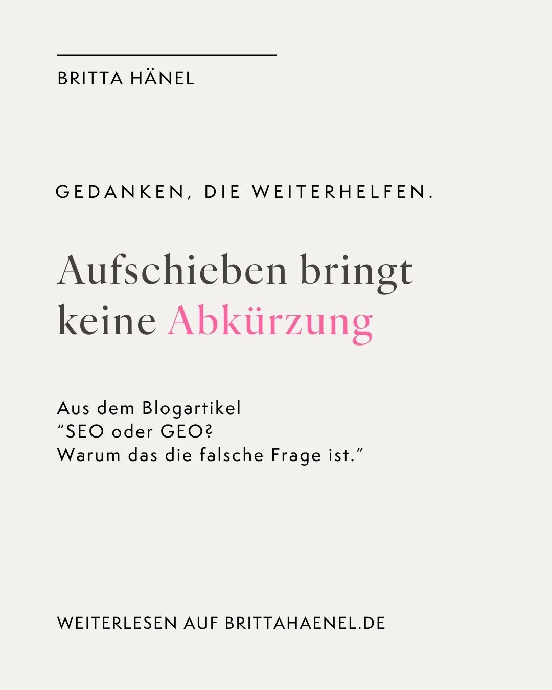 Ein Jahr lang hat sie SEO aufgeschoben. Jetzt wollte sie es &uuml;berspringen.

&bdquo;Brauche ich &uuml;berhaupt noch SEO, oder kann ich direkt mit GEO starten?&ldquo;, fragte mich eine langj&auml;hrige Kundin vor ein paar Monaten.

Sch&ouml;ne Vors