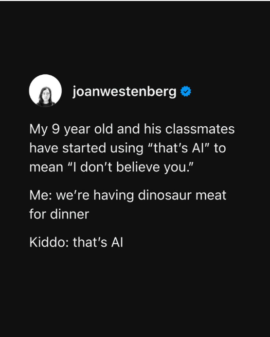 Meme mit einer Chat-Nachricht über ein Kind, das auf die Aussage über Dinosaurierfleisch zum Abendessen mit “That’s AI.” reagiert.