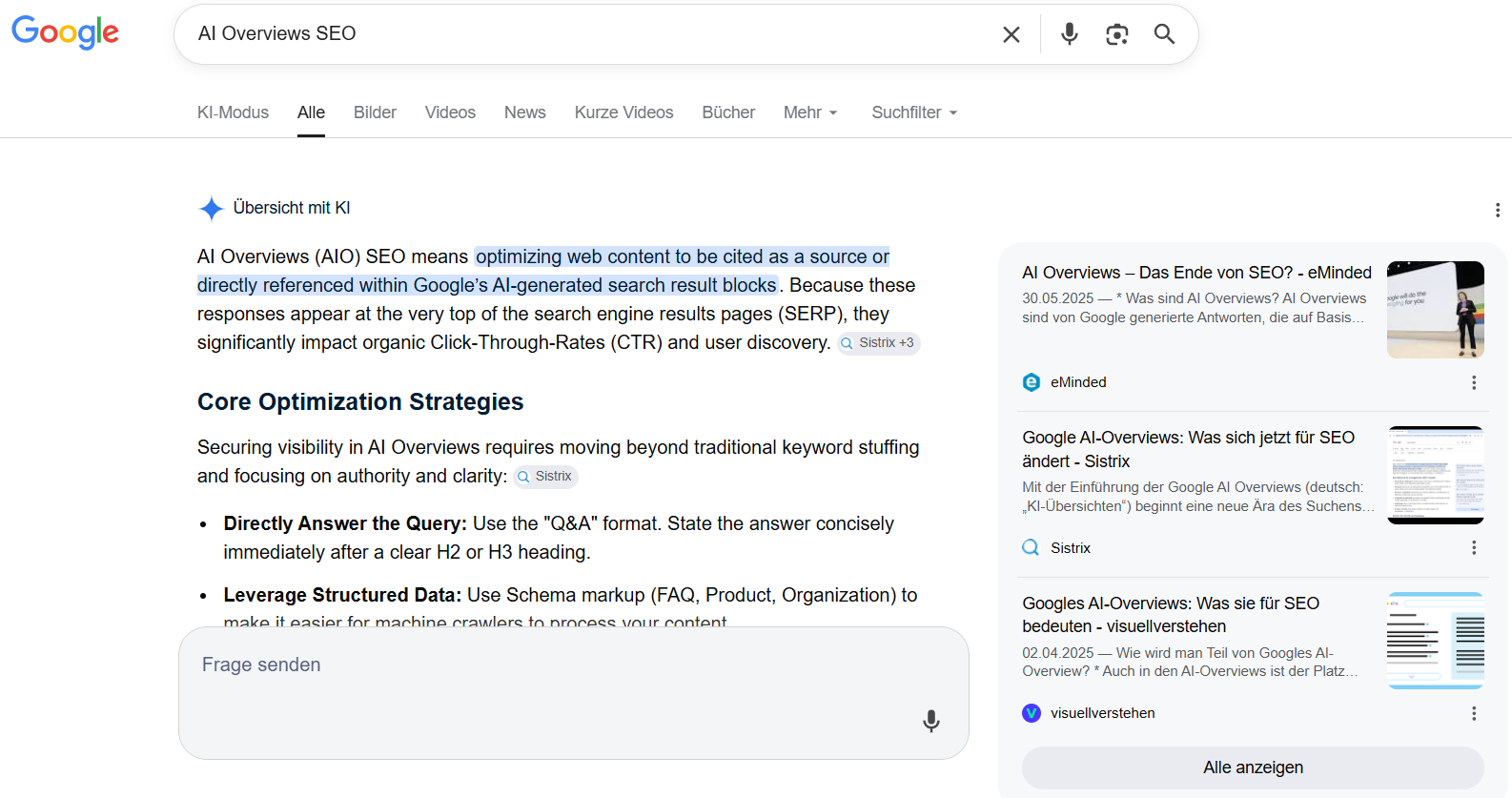 Google-Suchergebnisseite zum Thema „AI Overviews SEO“ mit hervorgehobener KI-Übersicht und Quellenkarten.