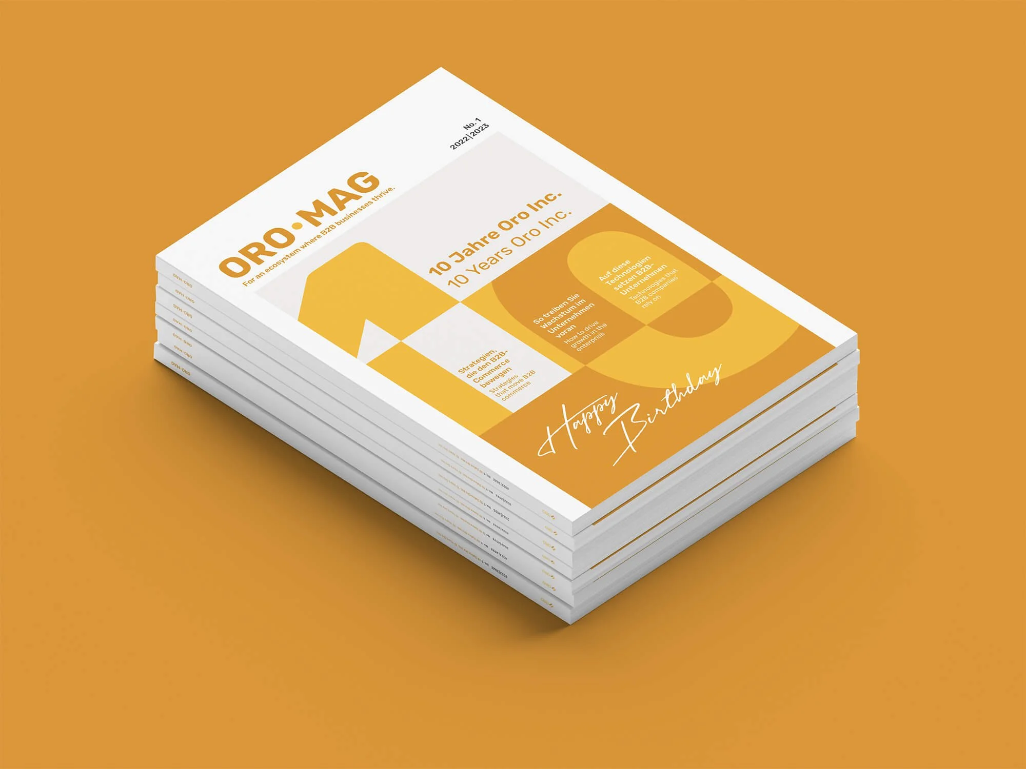 Mockup zeigt einen gedruckten Oro-Magazin-Stapel 