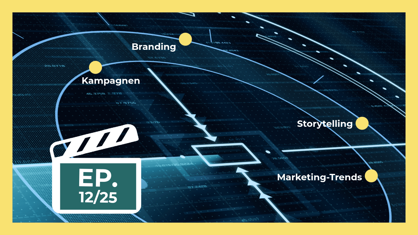 Grafik mit digitalen Designelementen, gelben Markierungspunkten und Begriffen wie „Kampagnen“, „Branding“, „Storytelling“ und „Marketing-Trends“. Links unten eine Filmklappe mit „EP. 12/25“.