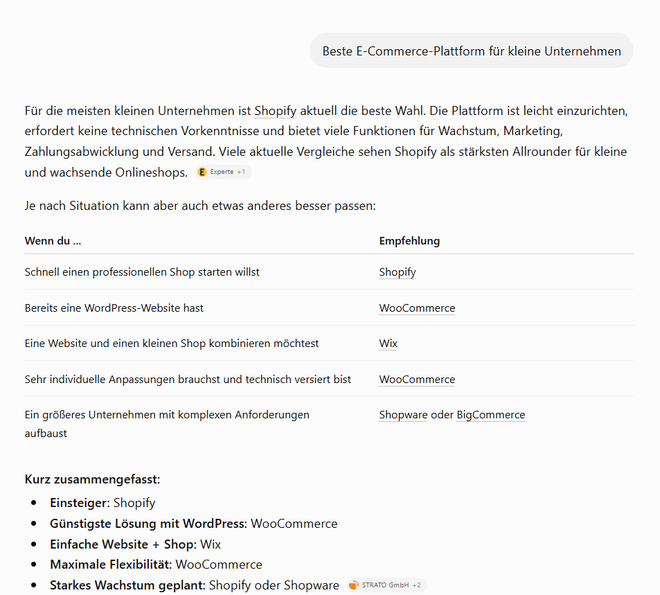 KI-generierte Antwort zur besten E-Commerce-Plattform für kleine Unternehmen mit Empfehlungen wie Shopify, WooCommerce und Wix.
