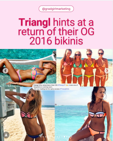Collage mit Frauen in farbenfrohen Triangl-Bikinis am Strand, mit dem Hinweis auf ein Comeback der 2016er Bikini-Kollektion.