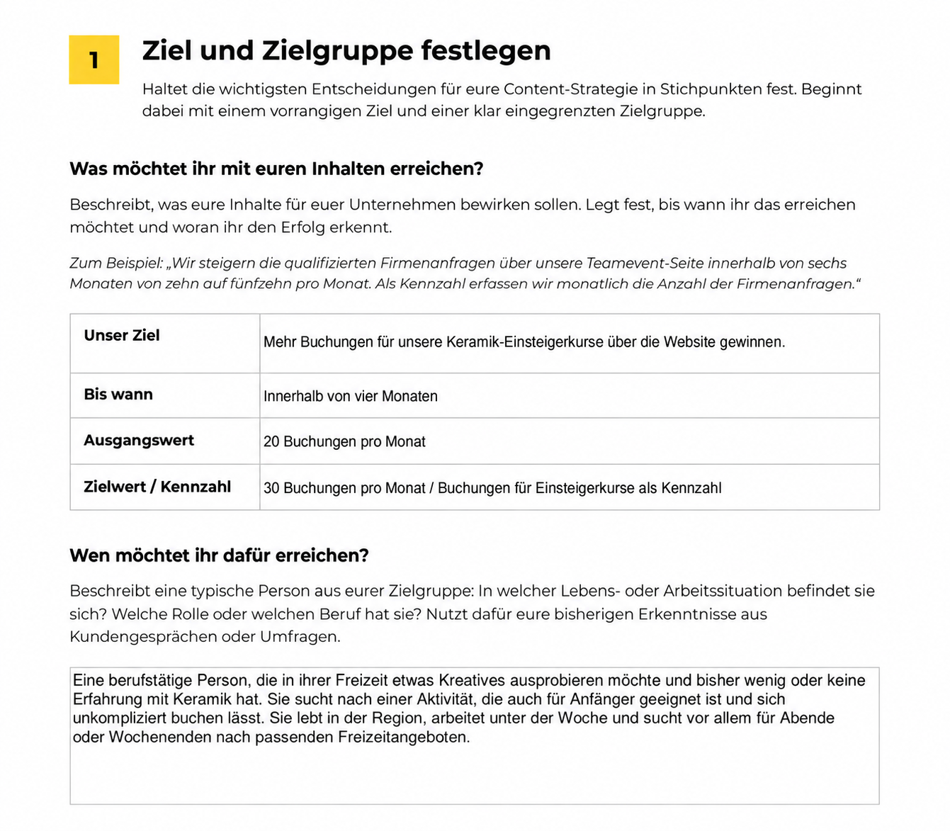 Arbeitsblatt zur Content-Strategie mit Schritt 1 „Ziel und Zielgruppe festlegen“ sowie einem ausgefüllten Beispiel für Keramik-Einsteigerkurse.