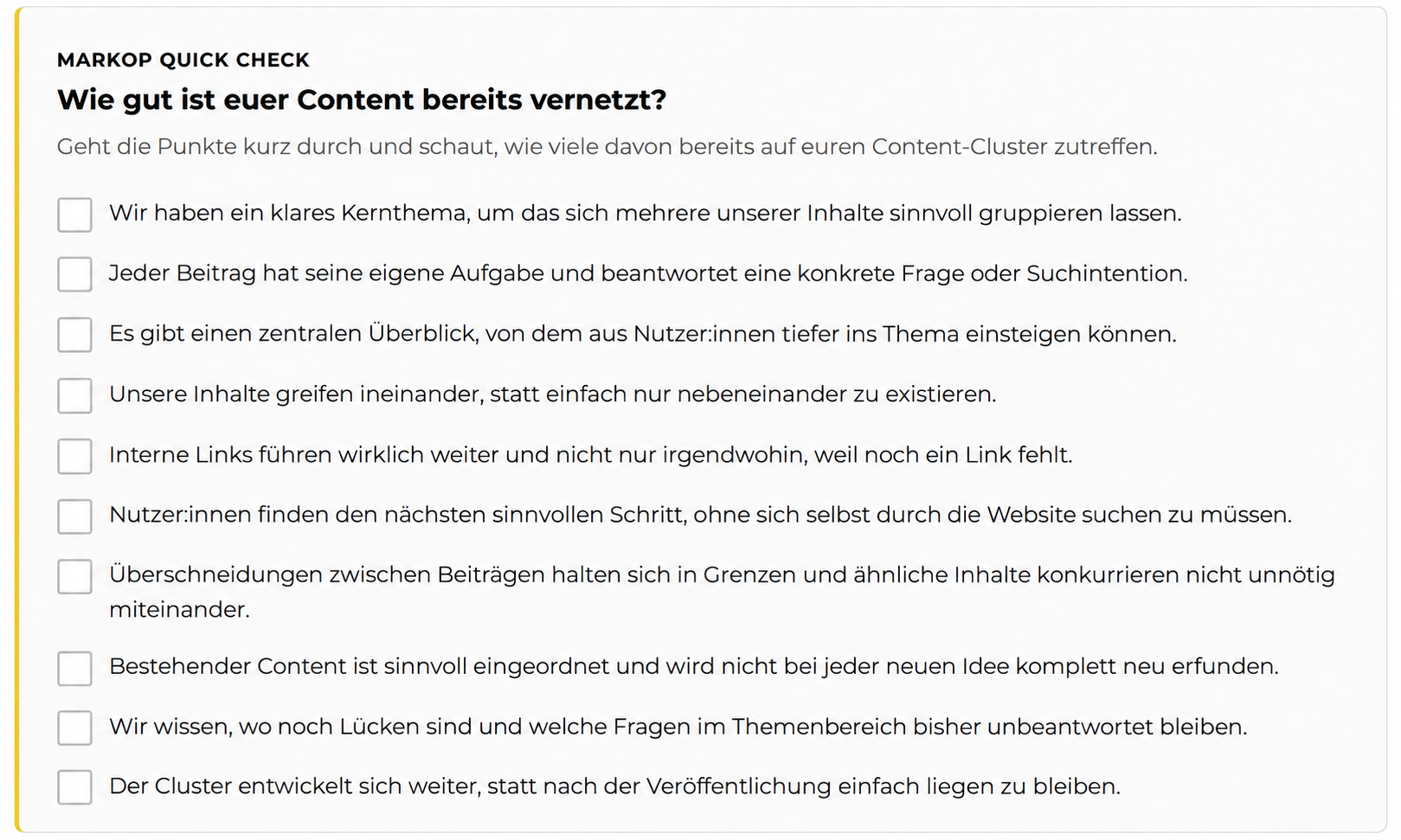 Checkliste „MarkOp Quick Check“ zur Frage, wie gut Inhalte bereits als Content-Cluster vernetzt sind.