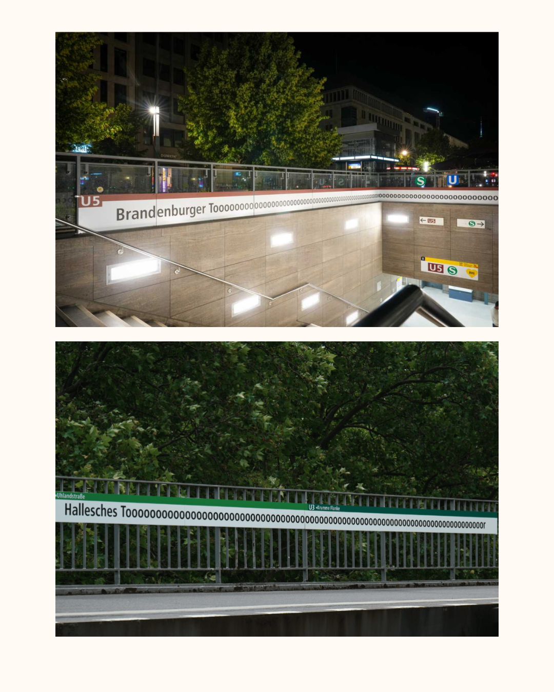 BVG-Stationen Brandenburger Toooor und Hallesches Toooor als Fußball-Anspielung zur WM.