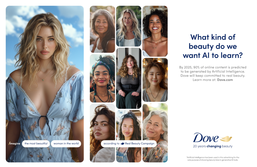 Dove-Anzeige mit vielfältigen Frauenporträts und der Frage, welche Schönheitsbilder künstliche Intelligenz lernen soll.