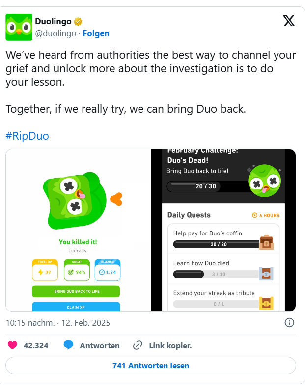 Screenshot eines Duolingo-Posts auf X, der den fiktiven Tod von Duo thematisiert und eine Spielansicht mit Aufgaben zur Wiederbelebung zeigt.
