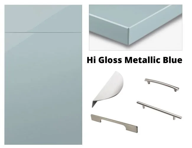 Hi gloss display kitchen door in metallic blue. Shows corner view and some handle options.