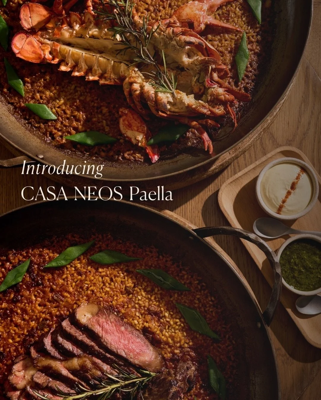 Introducing the CASA NEOS Paella. A decadent, share-style dish inspired by the Mediterranean coast. Crafted for the table and offered with Lobster, a 32oz Australian Wagyu tomahawk, or 14oz ribeye during dinner service.