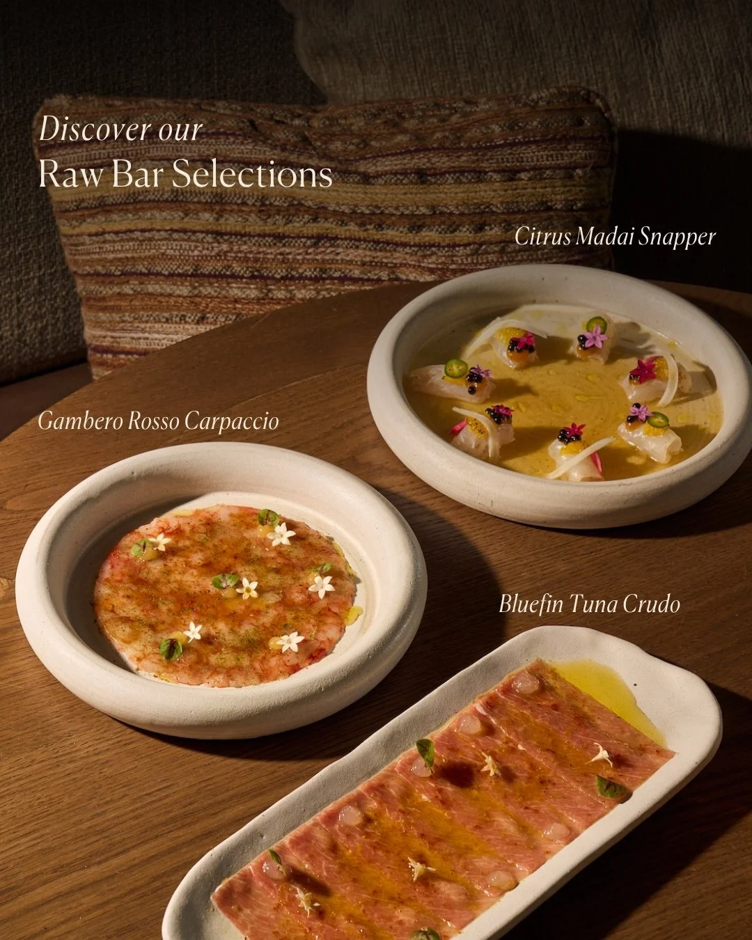 A refined Mediterranean approach to fresh seafood. Explore our Raw Bar selections of fresh crudos, carpaccios, and more, complemented by bright, balanced sauces crafted to elevate every bite.