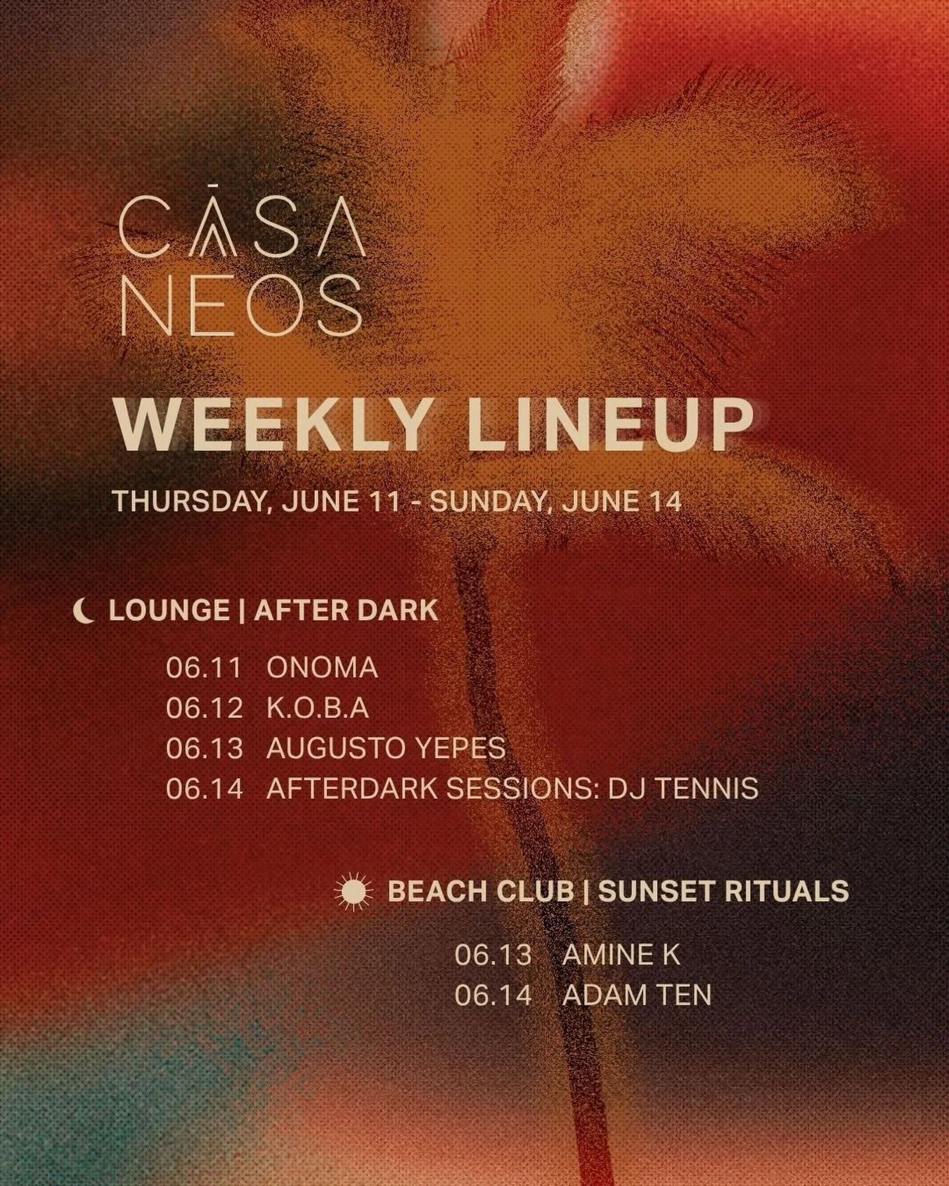 A new week of summer unfolds at CASA NEOS with Sunset Rituals at the Beach Club followed by late nights at the Lounge. We&rsquo;re looking forward to dancing together. ✨