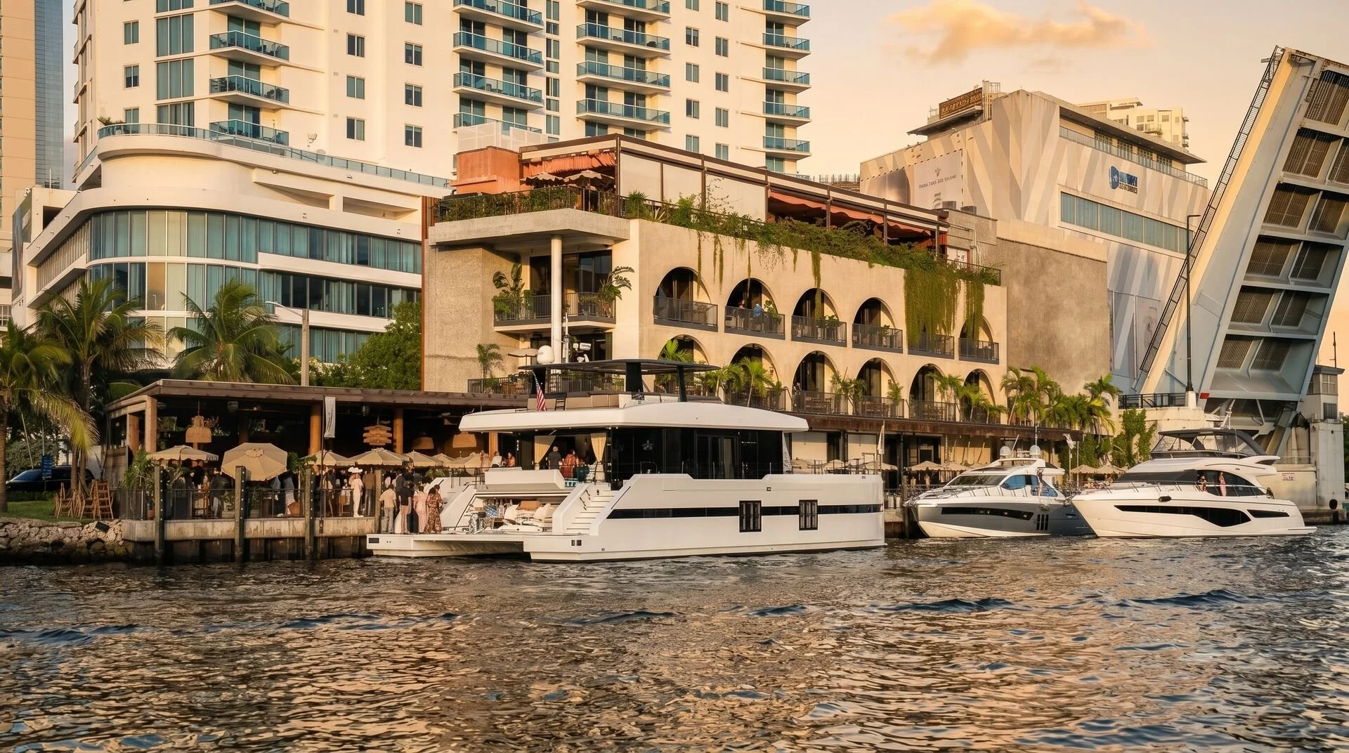 A waterfront scene with modern high-rise buildings and yachts docked at a pier, with people gathered at an outdoor restaurant under umbrellas, during sunset.